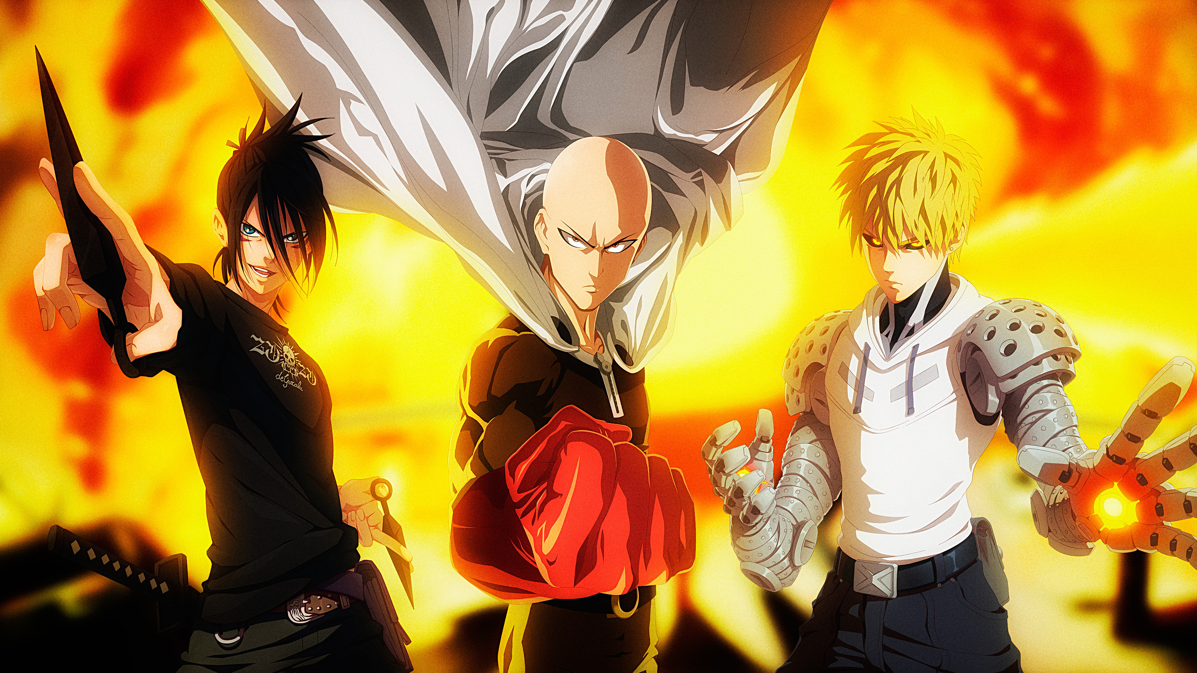 Saitama, Genos, Speed-o'-Sound Sonic, Fiery explosion background, 4K Desktop wallpaper