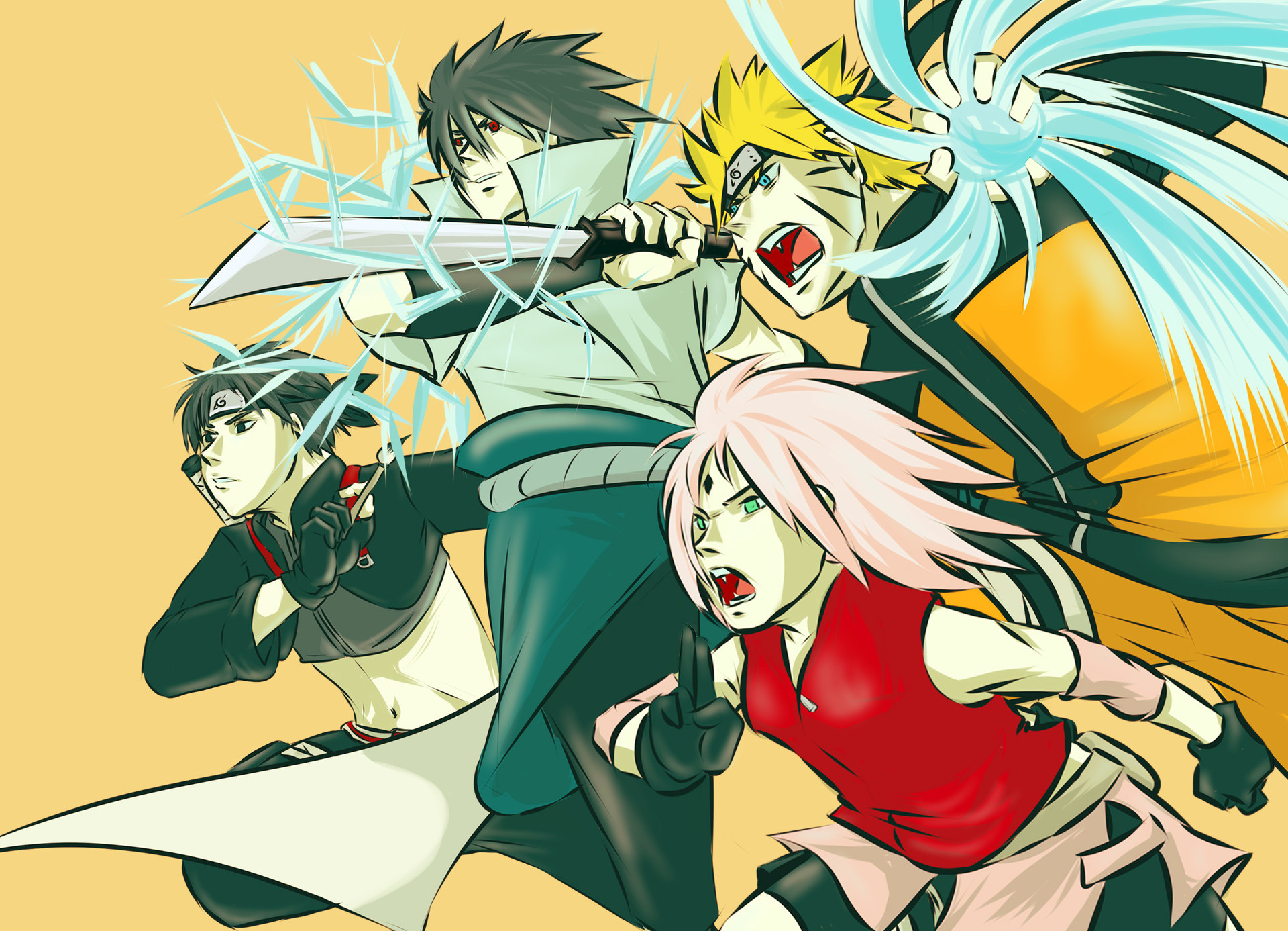 Sasuke Uchiha, Naruto Uzumaki, Sakura Haruno, Sai, HD Desktop wallpaper