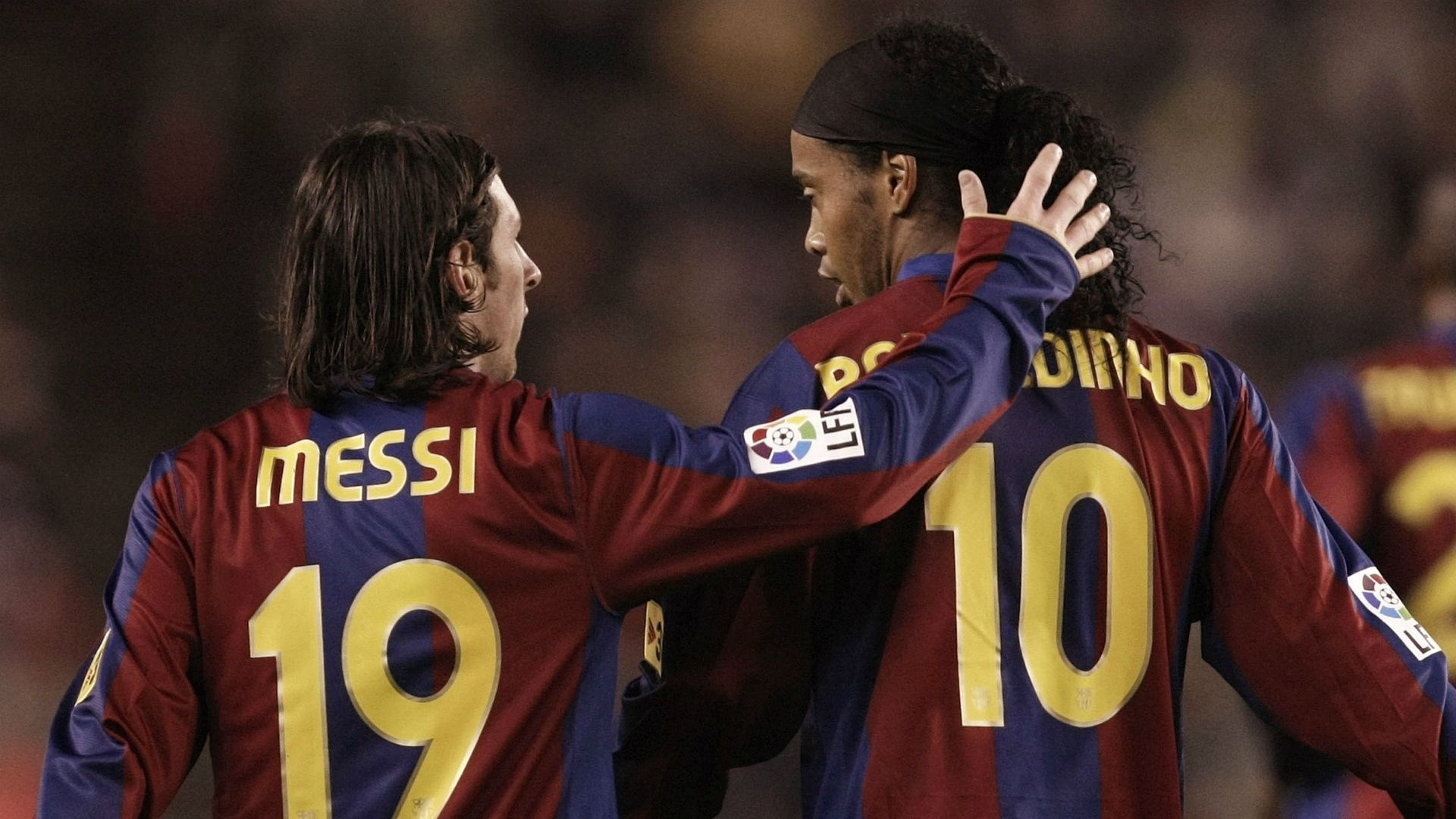 Ronaldinho, Lionel Messi, FC Barcelona jersey, Full HD Desktop wallpaper