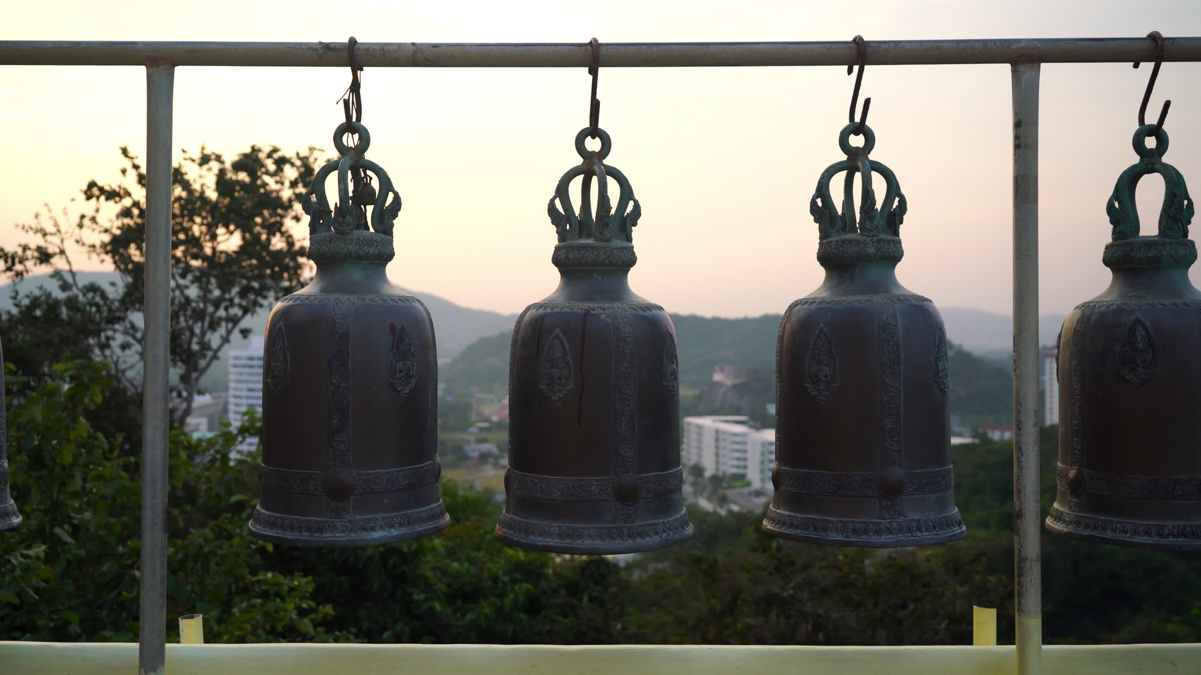 Metallic bells, Thai Buddhist temple, Good luck, Hanging in a row, 3840x2160 4K Desktop