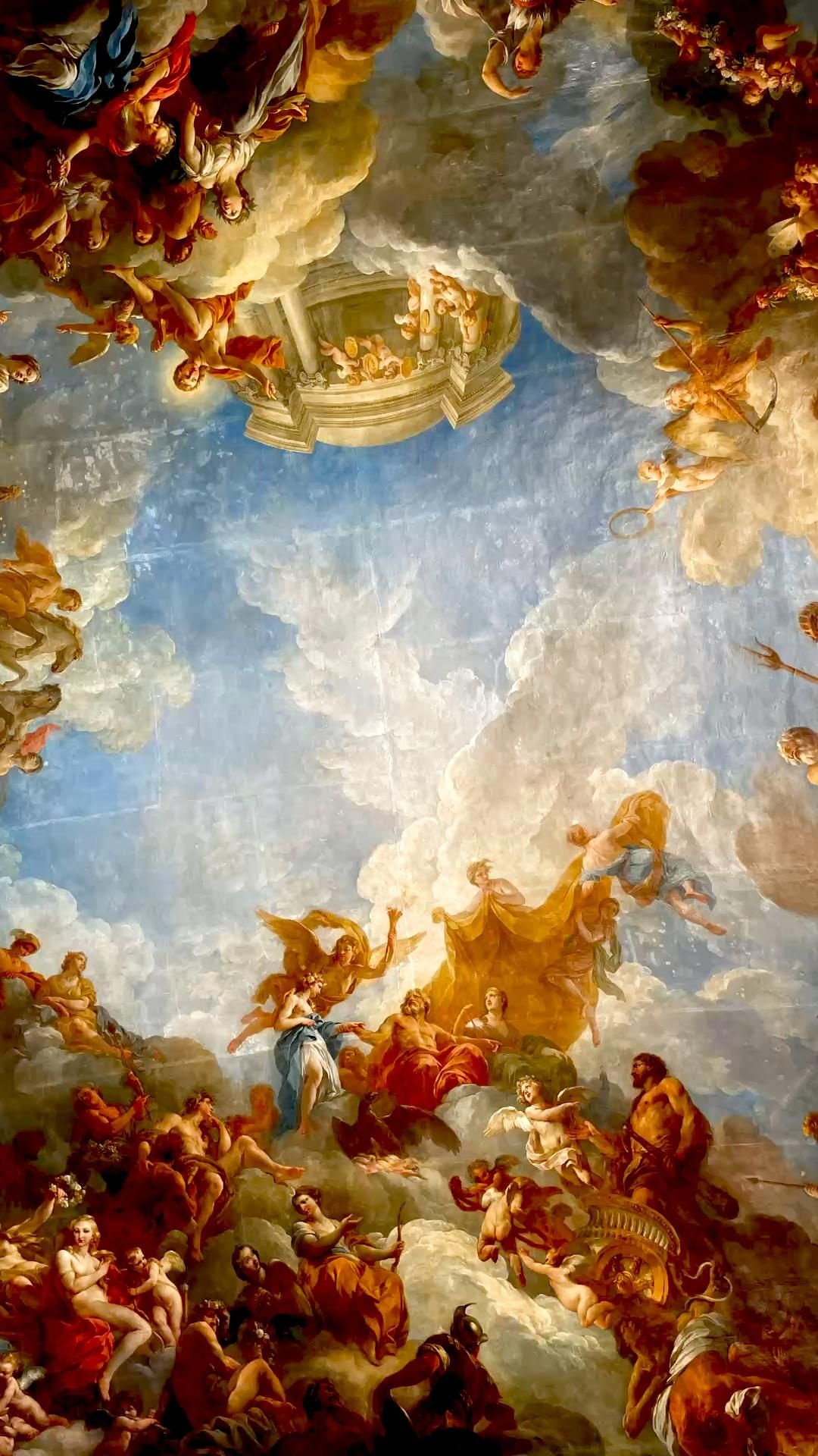 Olympian gods ceiling fresco, Classical mythology painting, Baroque sky and clouds, Full HD Phone wallpaper