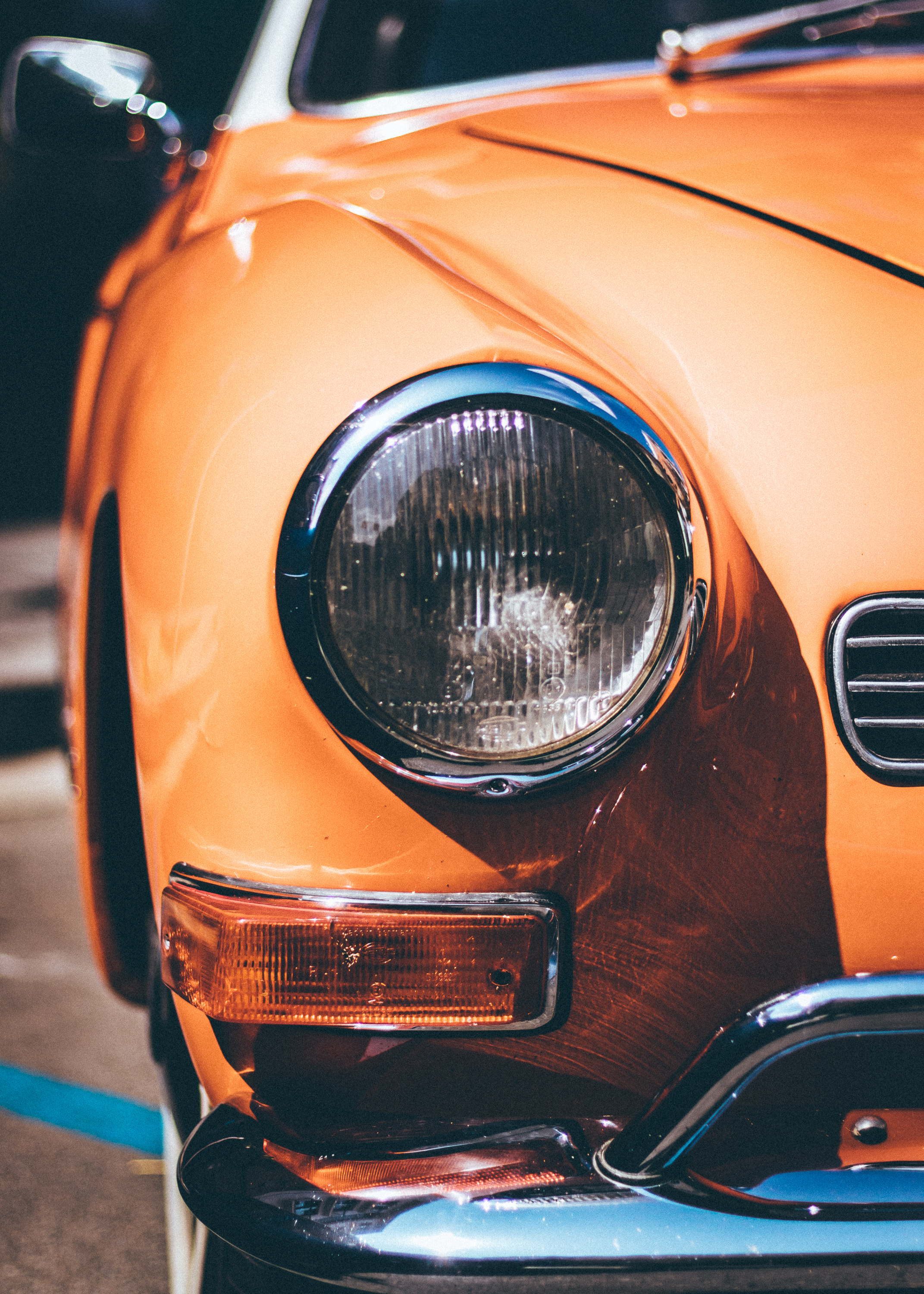 Orange vintage car, Up-close photography, Classic car details, Vibrant car colors, 2150x3000 HD Phone