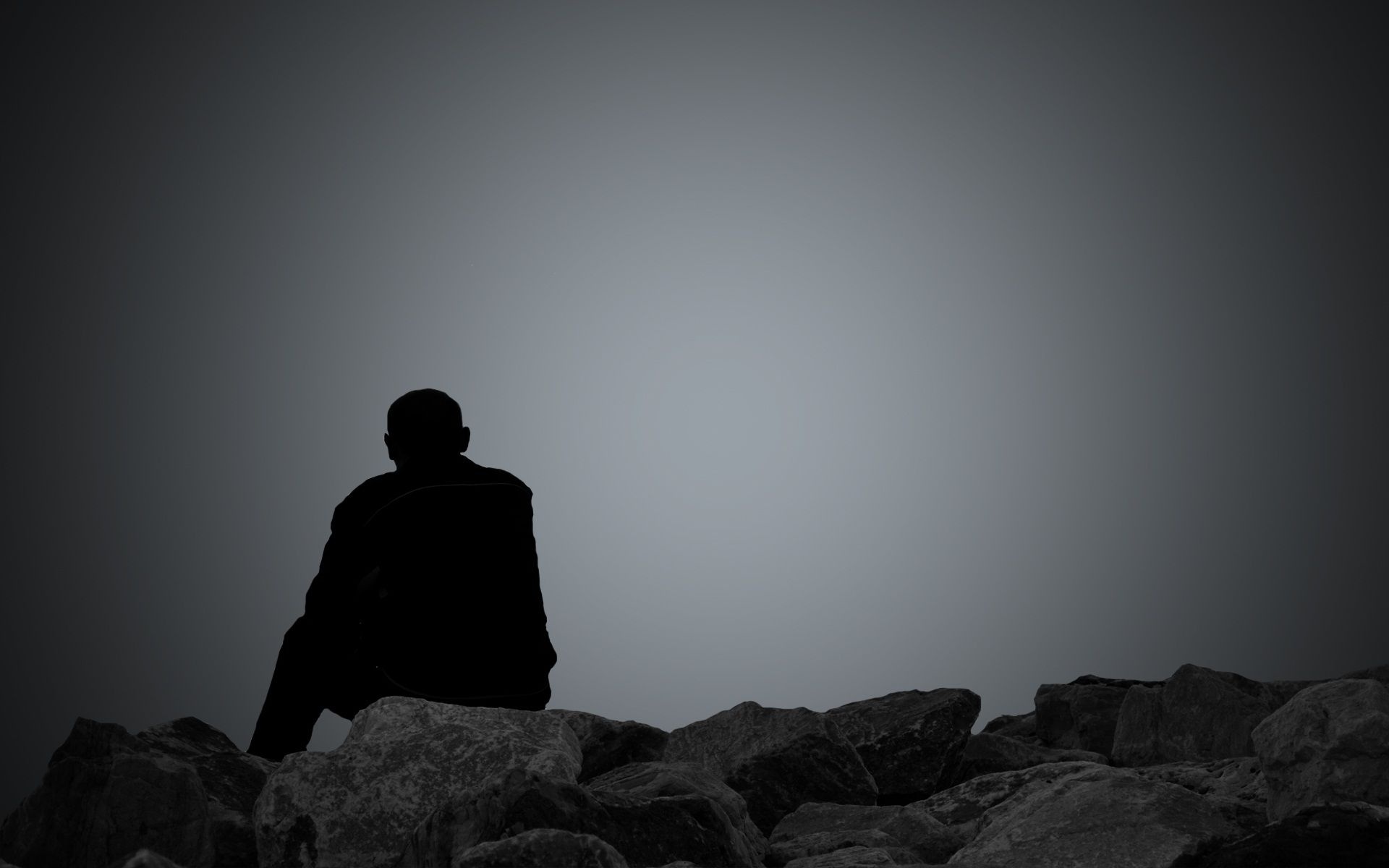 Silhouette of lonely man, Jagged rocky ridge, Minimalist misty gray sky, HD Desktop wallpaper