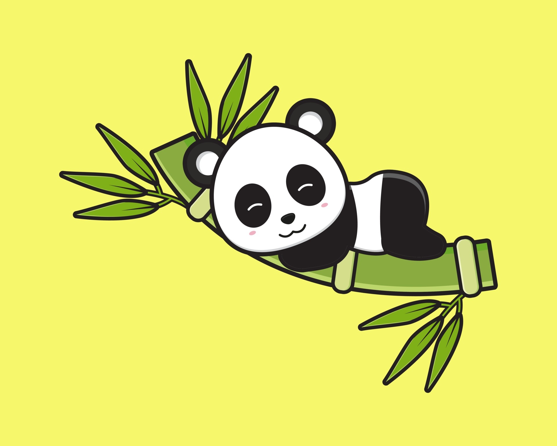 Sleeping cartoon panda, Green bamboo branch, Pastel yellow backdrop, HD Desktop wallpaper