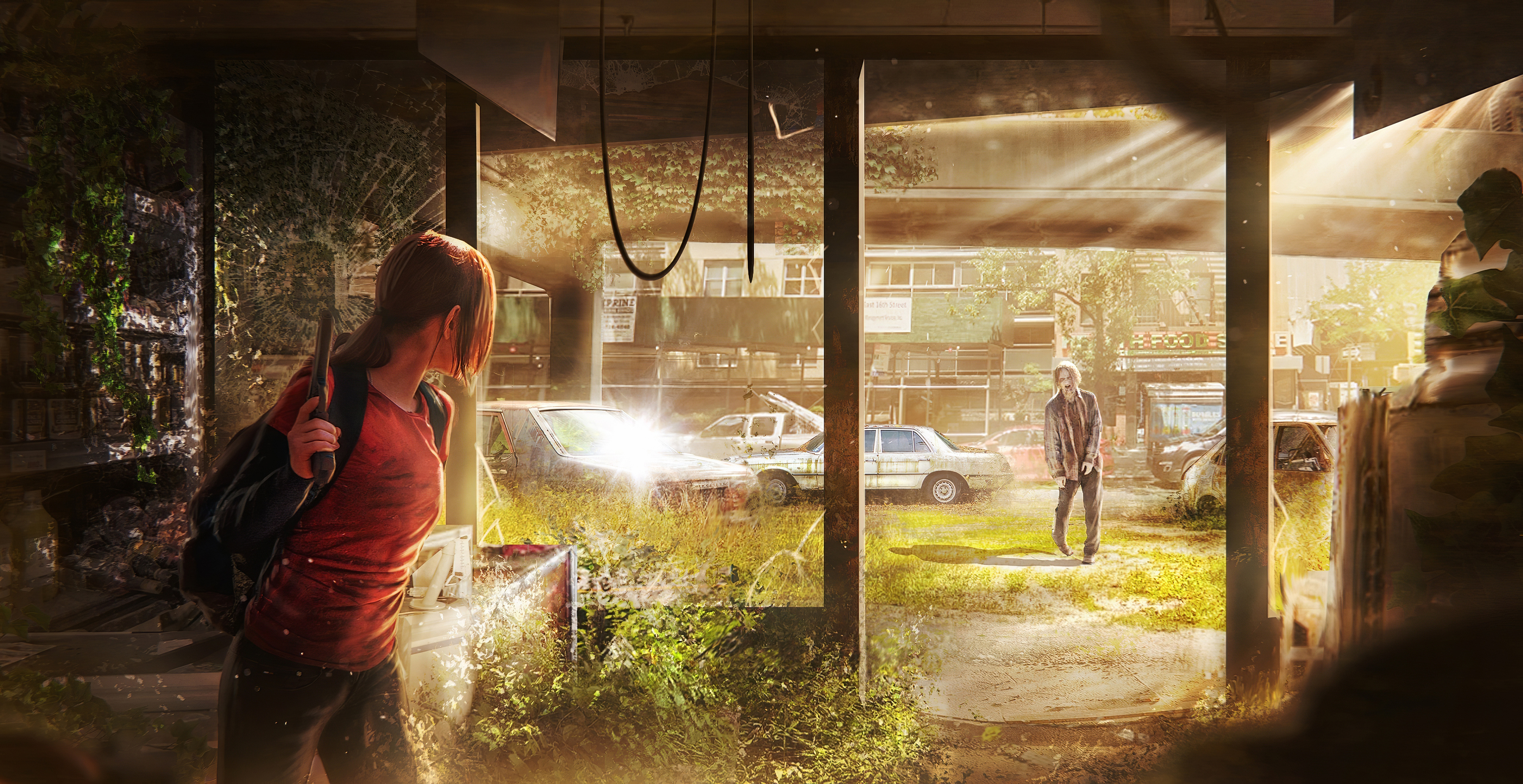 Ellie Williams, Infected runner, overgrown post-apocalyptic city, HD Desktop wallpaper