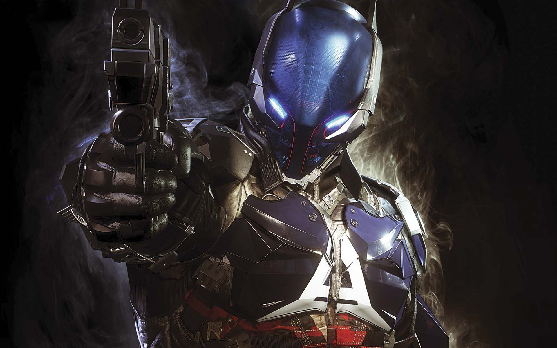Arkham Knight, Pointed tactical handgun, Glowing blue helmet visor, HD Desktop wallpaper
