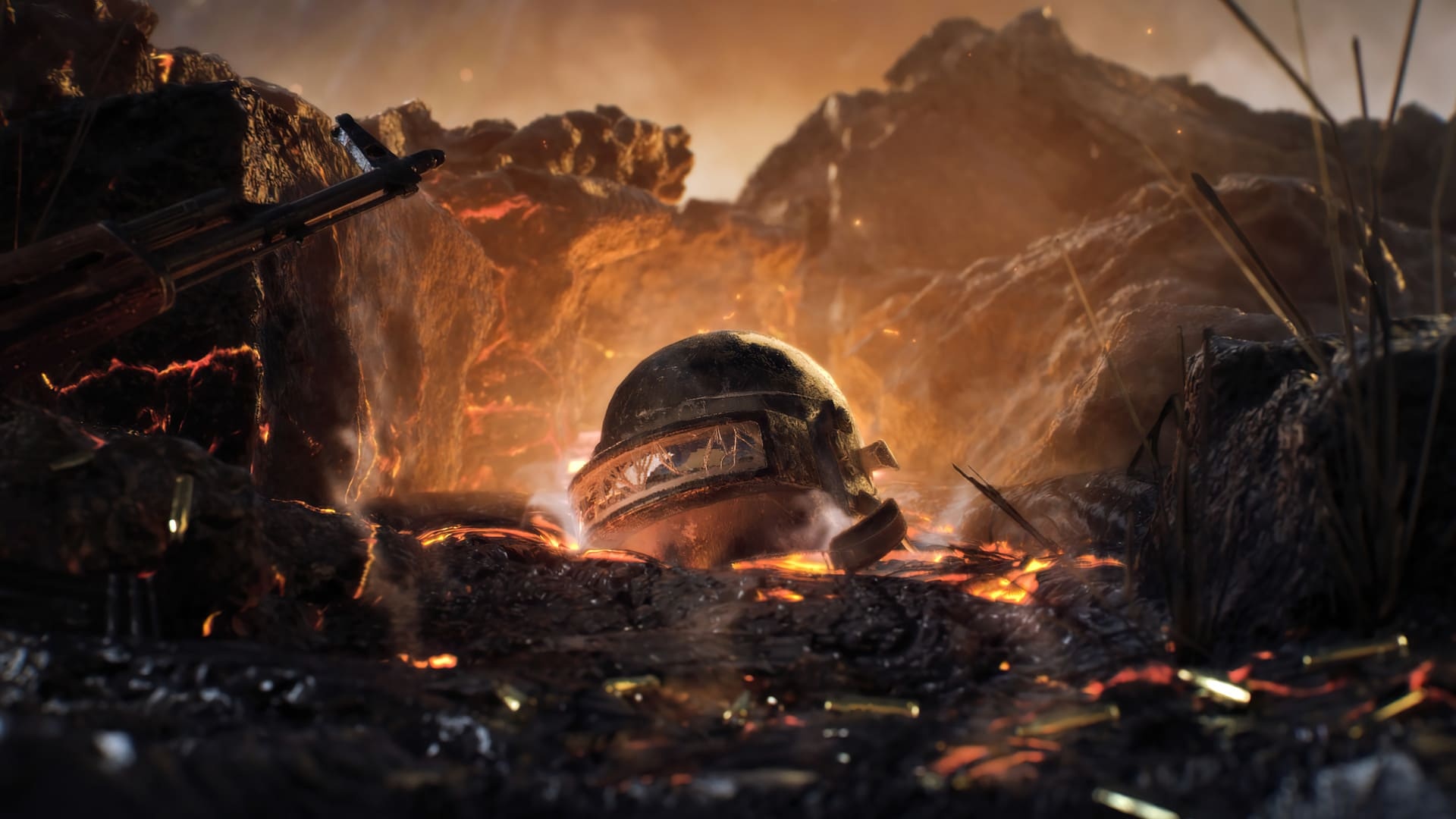 PUBG Level 3 helmet, AKM assault rifle, smoldering volcanic rock, Full HD Desktop wallpaper