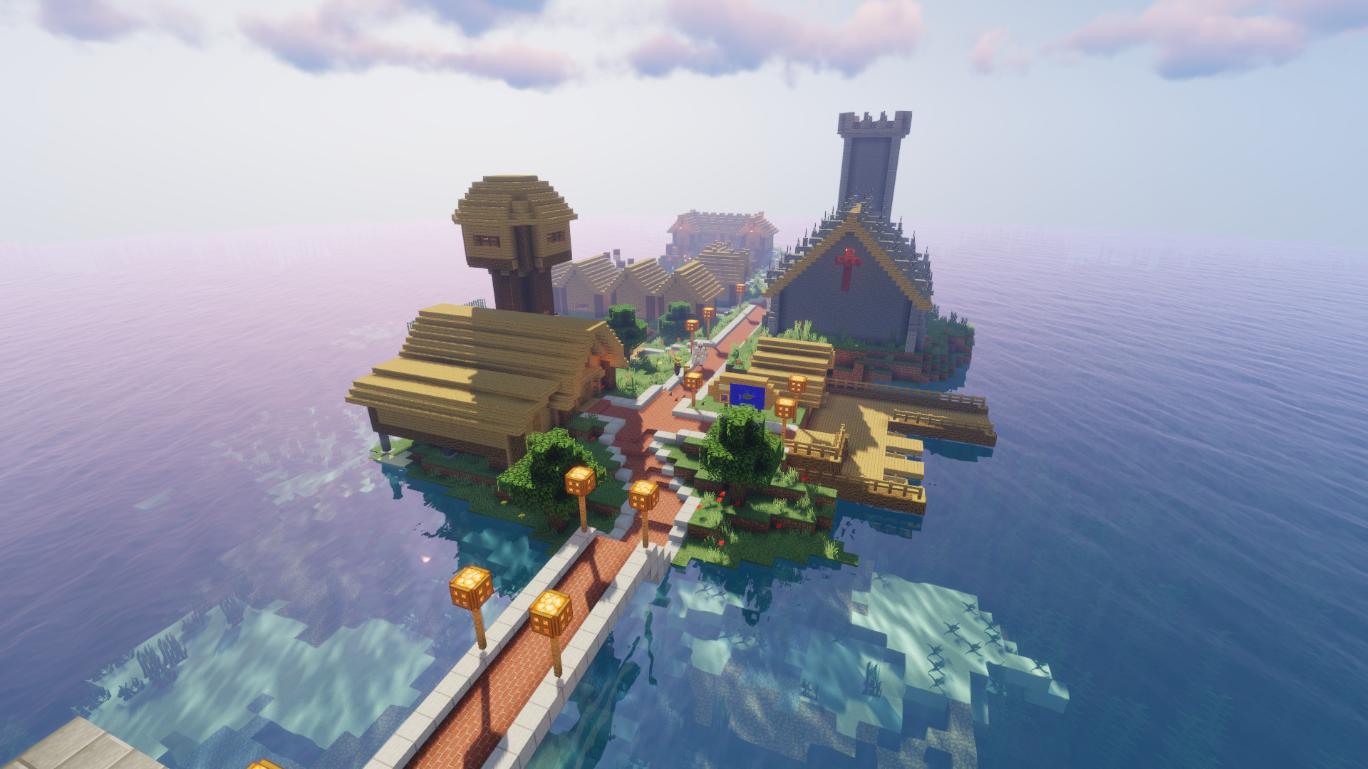 Minecraft island village, stone tower church, brick walkway with lanterns, Full HD Desktop wallpaper