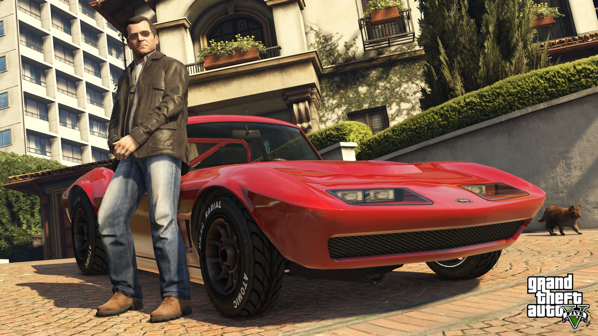 Michael De Santa in aviator sunglasses, Red retro sports car, Spanish-style mansion driveway, Grand Theft Auto V logo, Full HD Desktop wallpaper