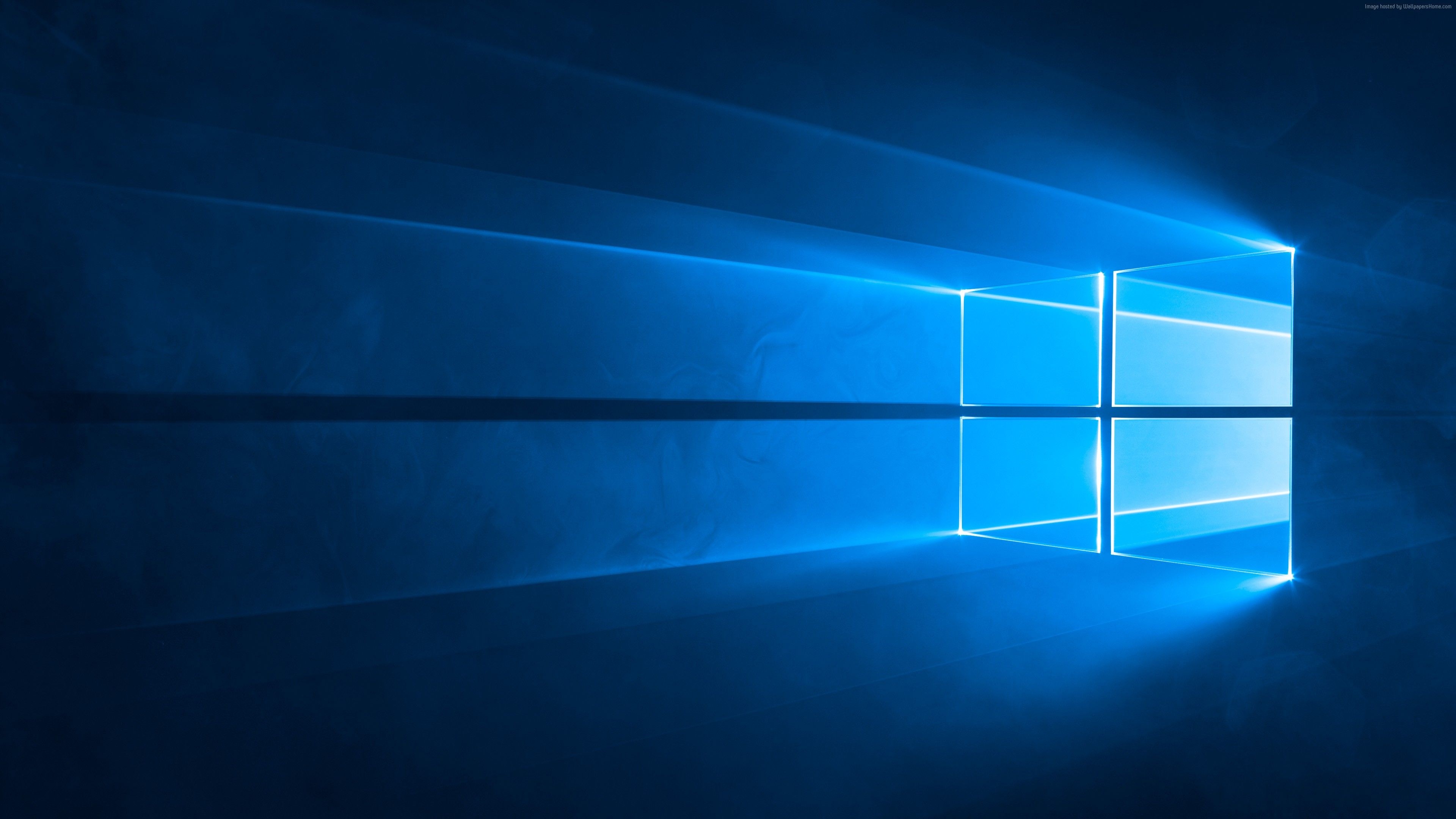 Windows 10 logo, volumetric blue light beams, illuminated glass pane window, 4K Desktop wallpaper