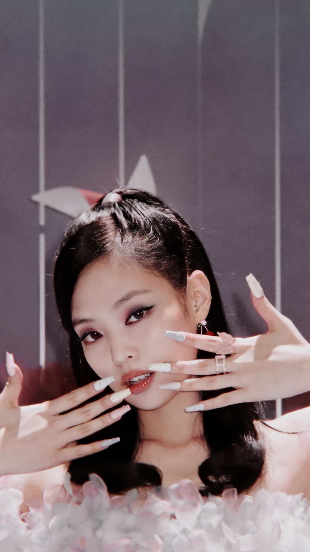 Jennie Kim, long white acrylic nails, cherry drop earrings, Full HD Phone wallpaper