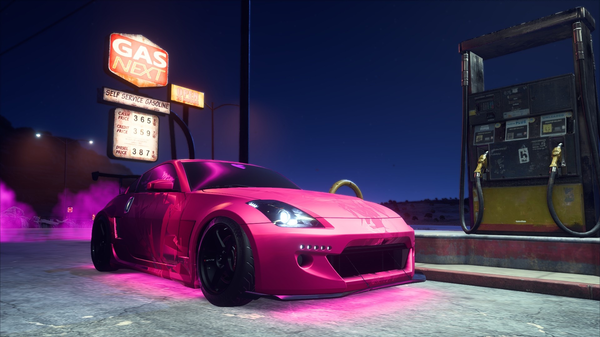 pink Nissan 350Z, GAS NEXT sign, gas station fuel pump, Full HD Desktop wallpaper