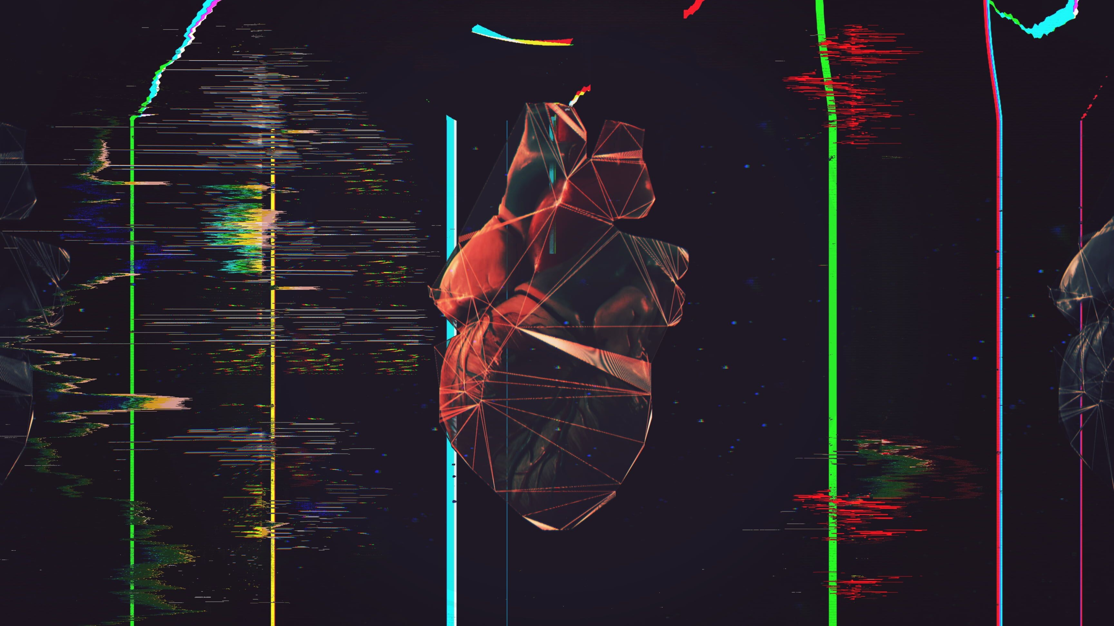 Black red heart, Glitch art, Abstract polygon, Low poly art, 3840x2160 4K Desktop