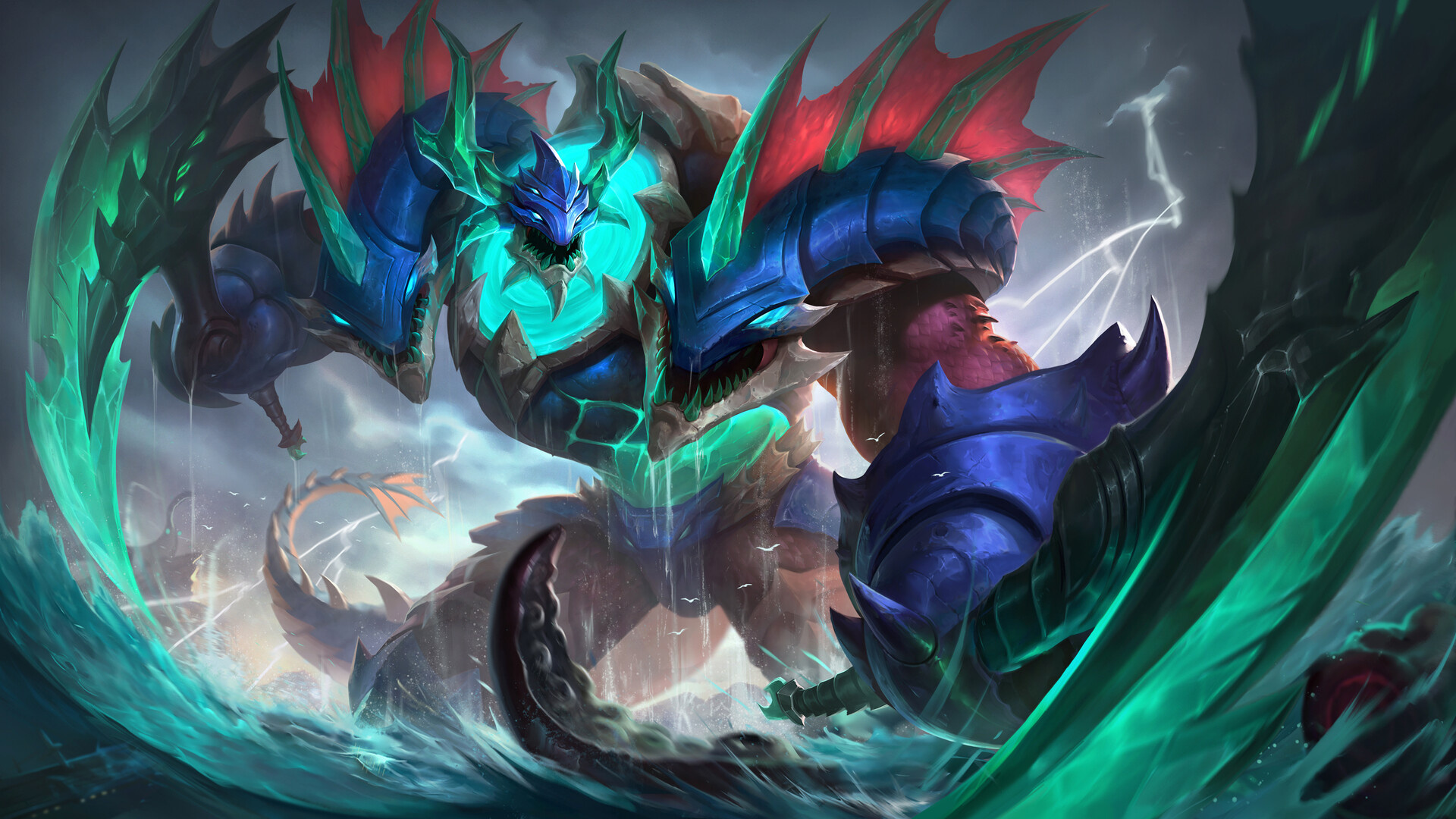 Mobile Legends Lord, glowing green scythes, stormy ocean waves, Full HD Desktop wallpaper