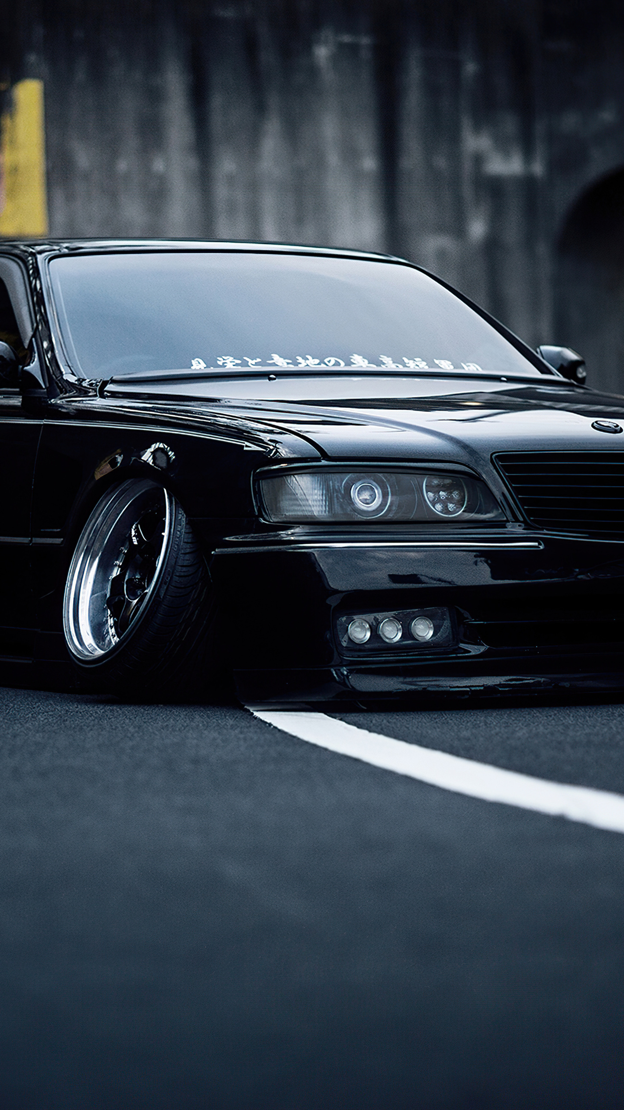 VIP style Nissan Cima, extreme negative camber wheels, lowered stance asphalt road, 4K Phone wallpaper