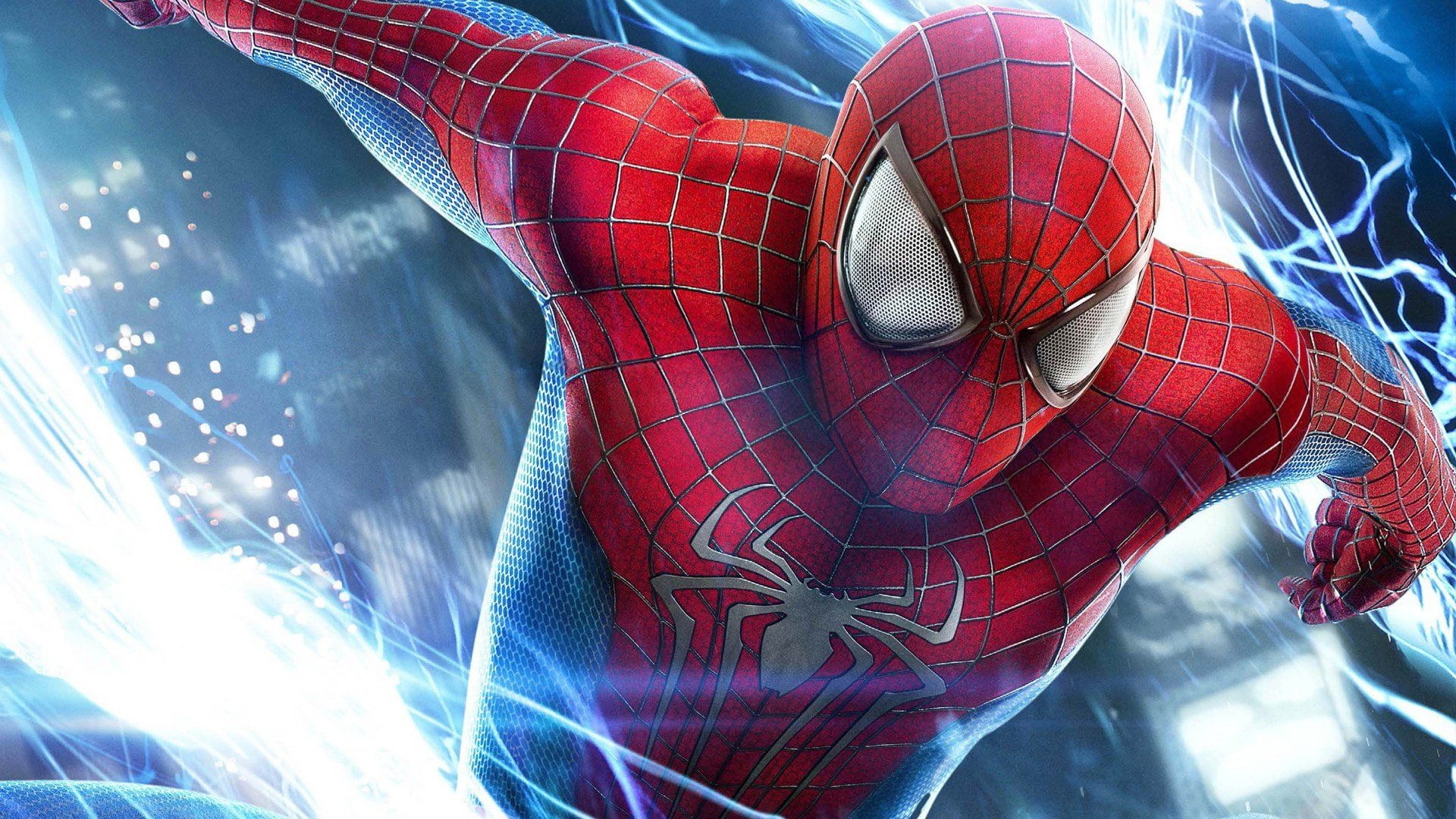 The Amazing Spider-Man, Electro blue lightning, textured spider emblem, Full HD Desktop wallpaper