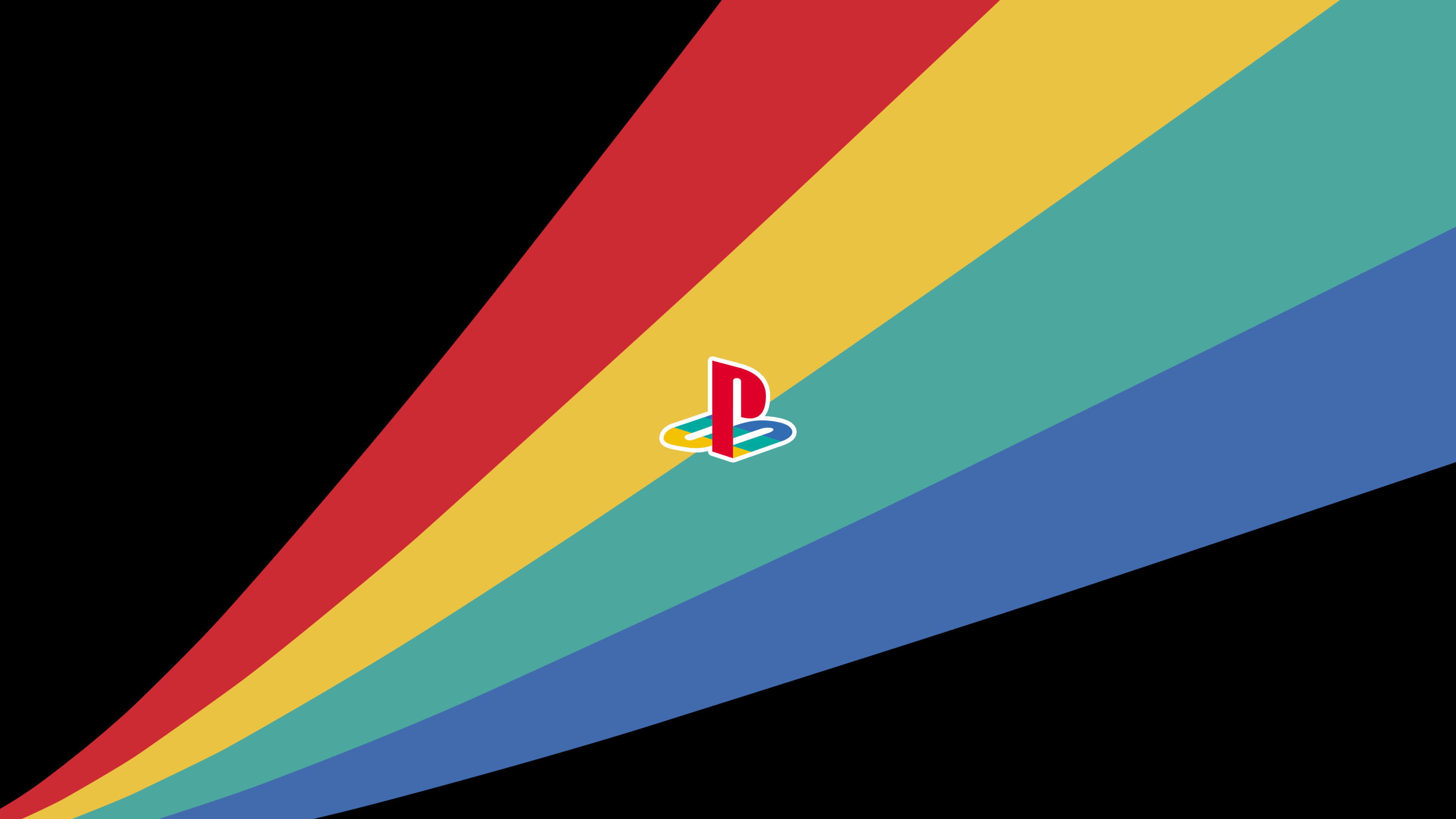 Classic PlayStation logo, Curved retro rainbow stripes, Minimalist black background, 4K Desktop wallpaper