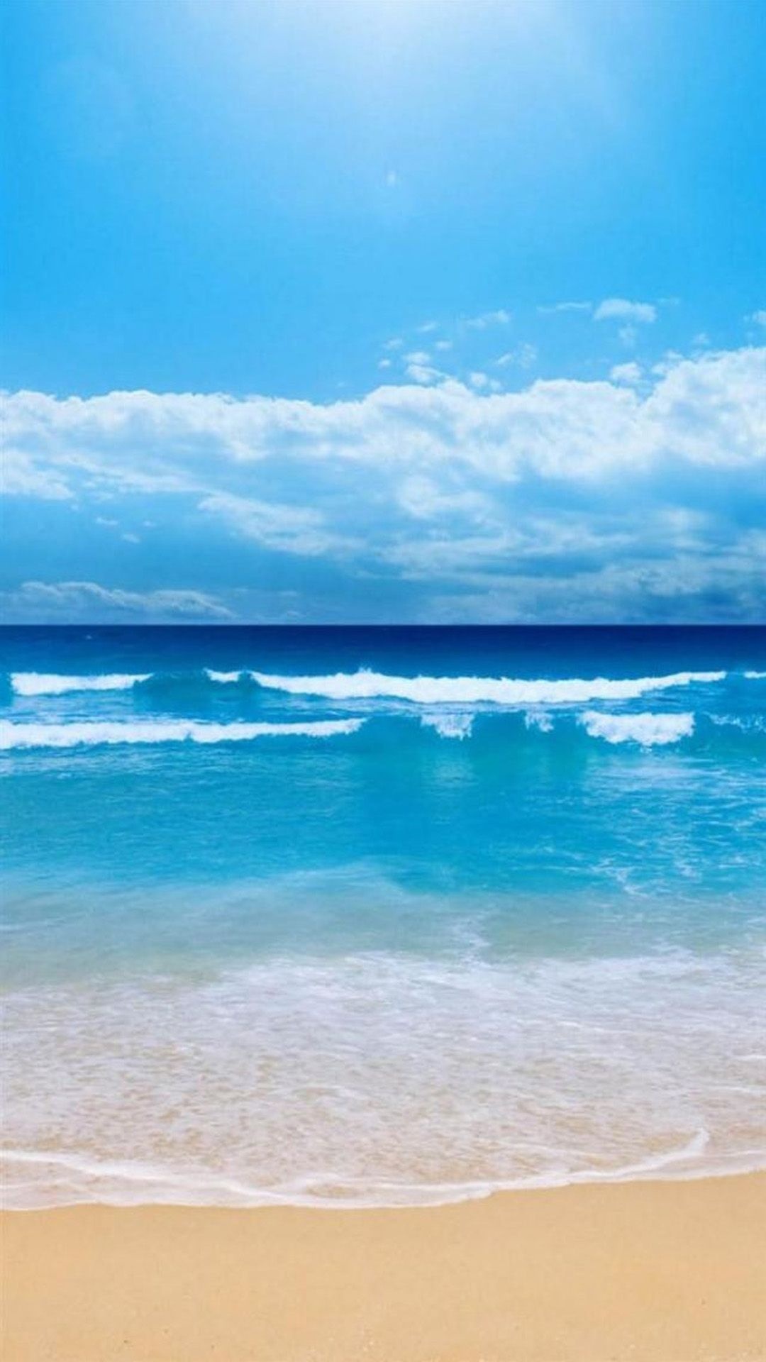 turquoise ocean waves, golden sandy beach, partly cloudy blue sky, Full HD Phone wallpaper