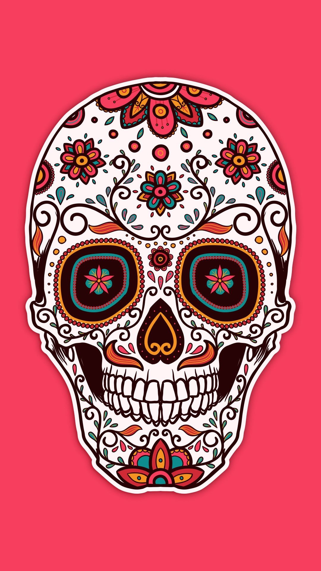 Calavera sugar skull sticker, Floral eye socket rosettes, Coral pink flat field, Full HD Phone wallpaper