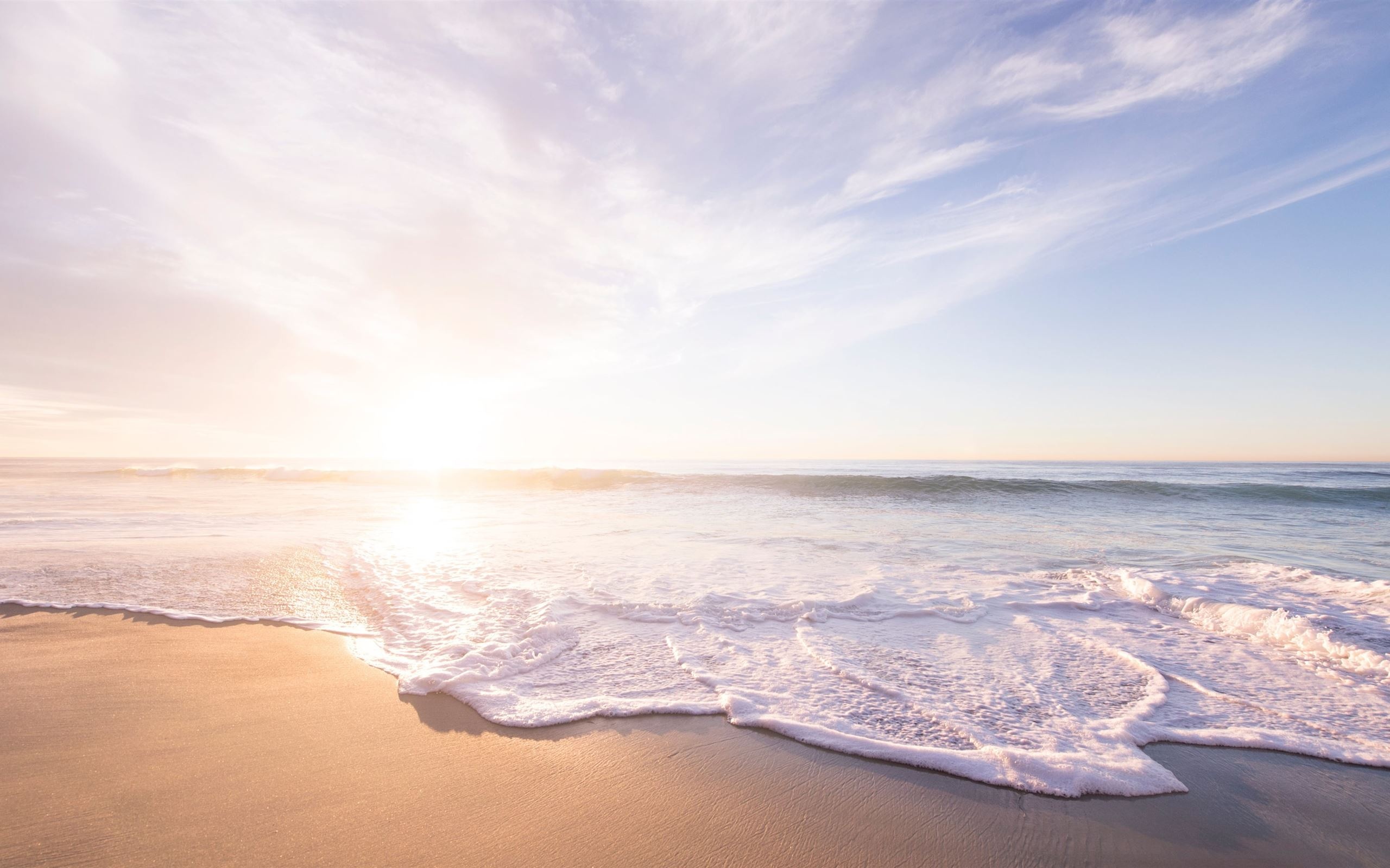 white sea foam shorebreak, sandy coastline beach, pastel sunrise sky, HD Desktop wallpaper