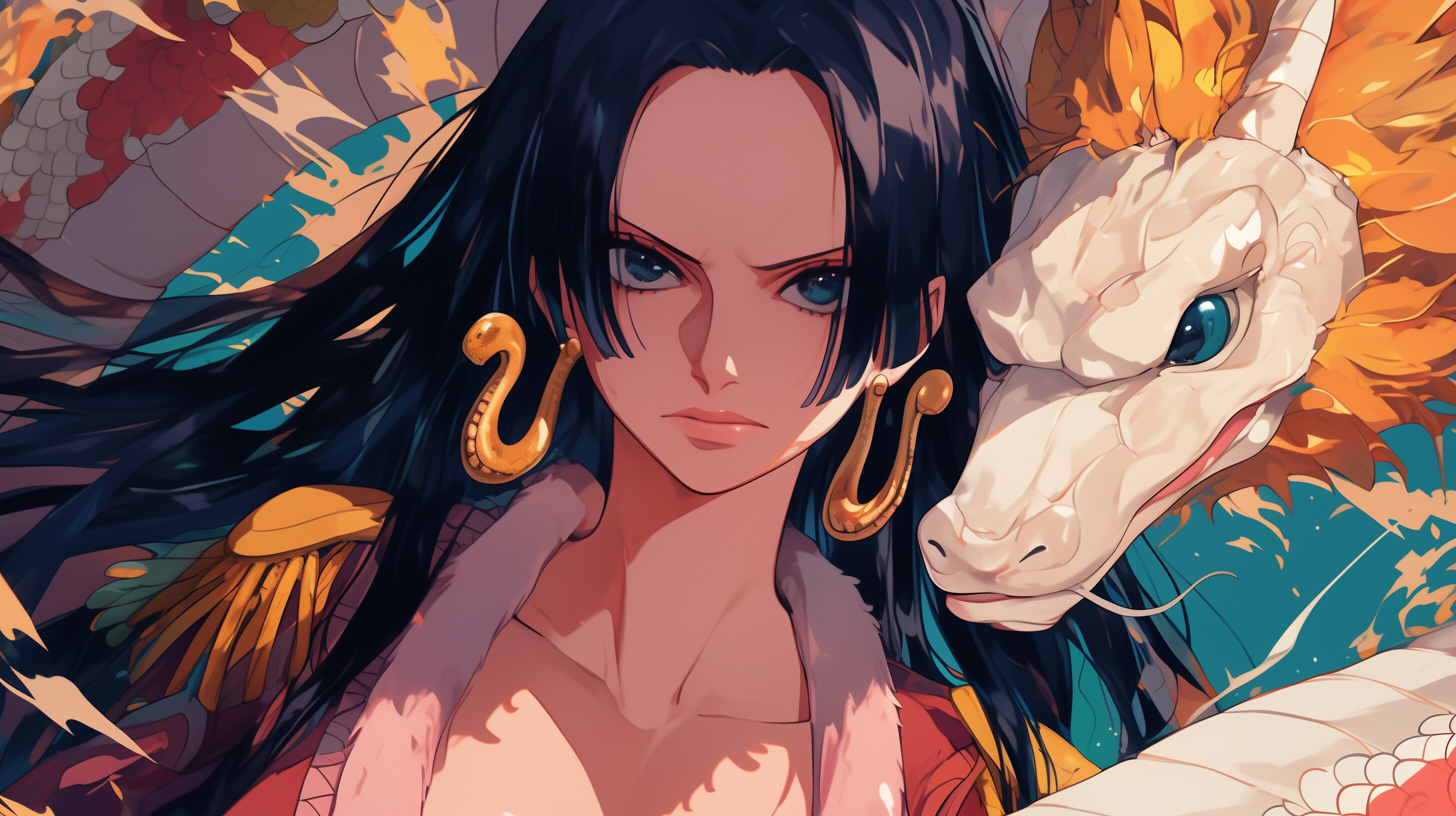 Boa Hancock, Salome, Snake earrings, Patterned orange backdrop, HD Desktop wallpaper