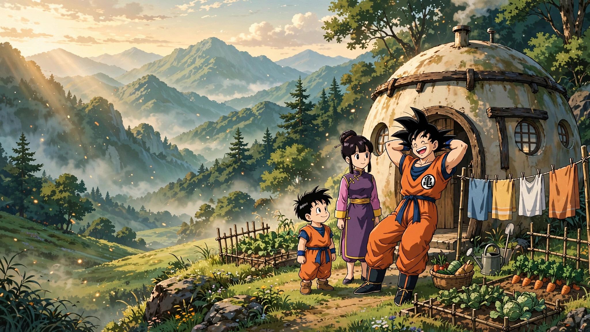 Goku, Chi-Chi, Gohan, Mount Paozu, Round house, Laundry line, Misty mountains, Dragon Ball Z, HD Desktop wallpaper