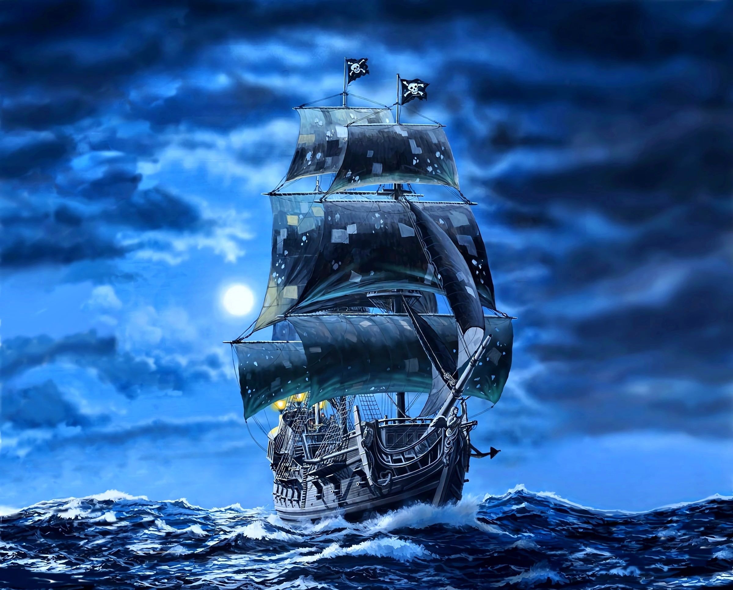 Black-sailed pirate galleon, Jolly Roger pirate flag, Moonlit stormy sea, HD Desktop wallpaper