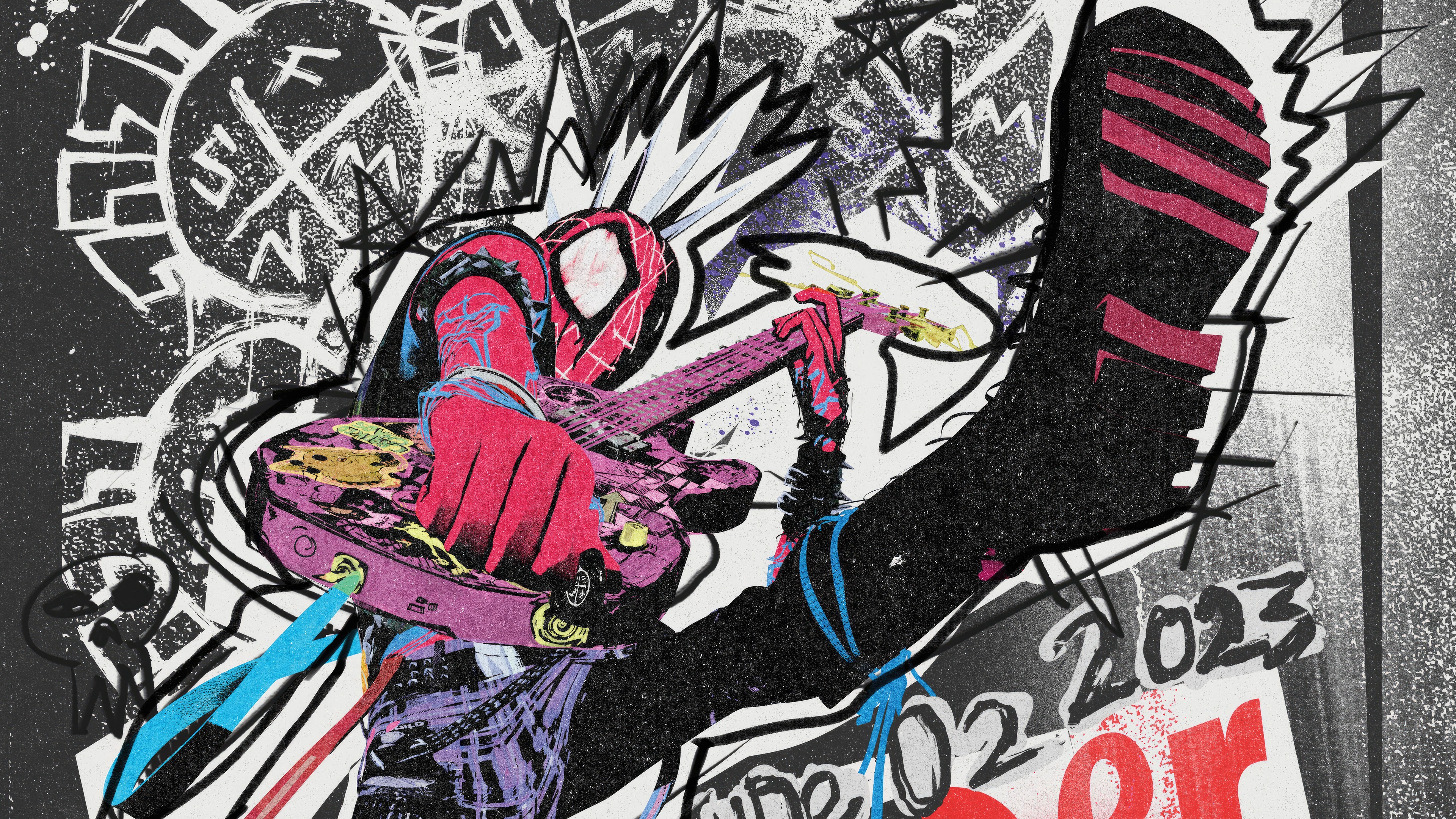 Across the Spider-Verse, Spider-Punk (Hobie Brown), Playing electric guitar, Spiked masked head, Graffiti collage background, 4K Desktop wallpaper