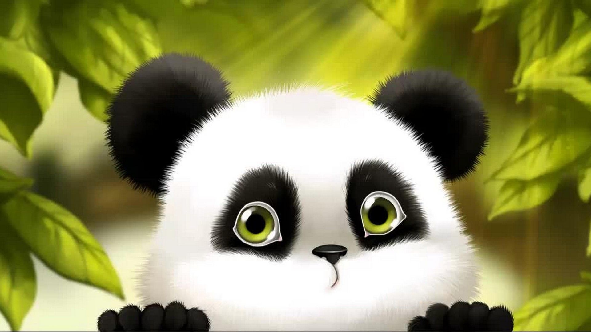 Fluffy cartoon panda cub, Green bamboo foliage, Peeking black paws, Full HD Desktop wallpaper