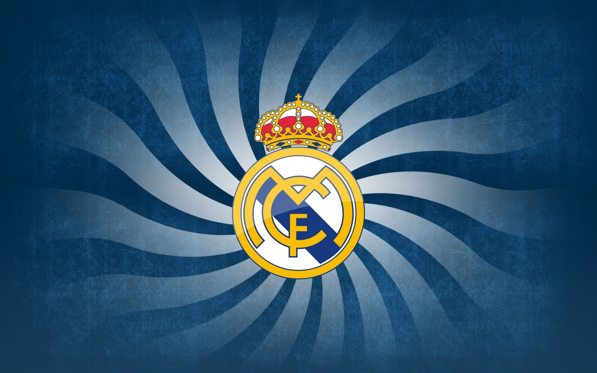 Real Madrid crest, blue sunburst rays, textured vignette effect, HD Desktop wallpaper