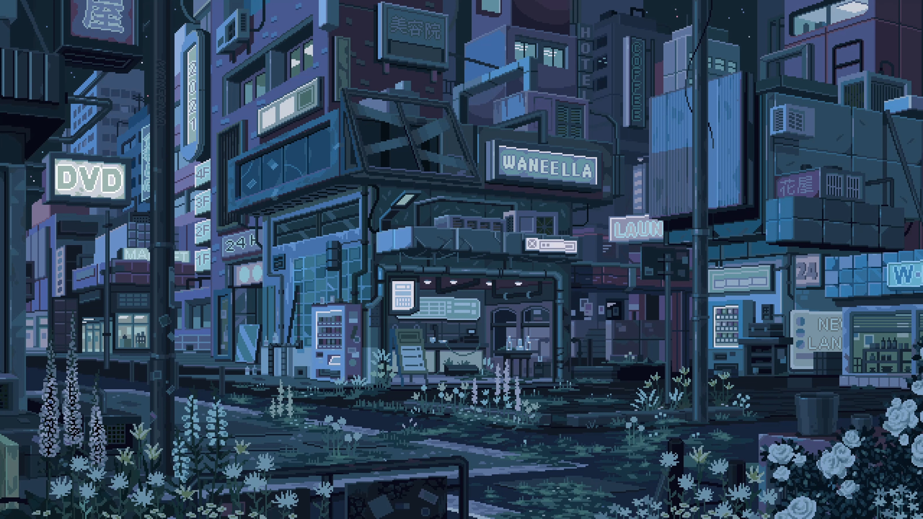 Waneella pixel art, overgrown urban street, glowing DVD sign, HD Desktop wallpaper