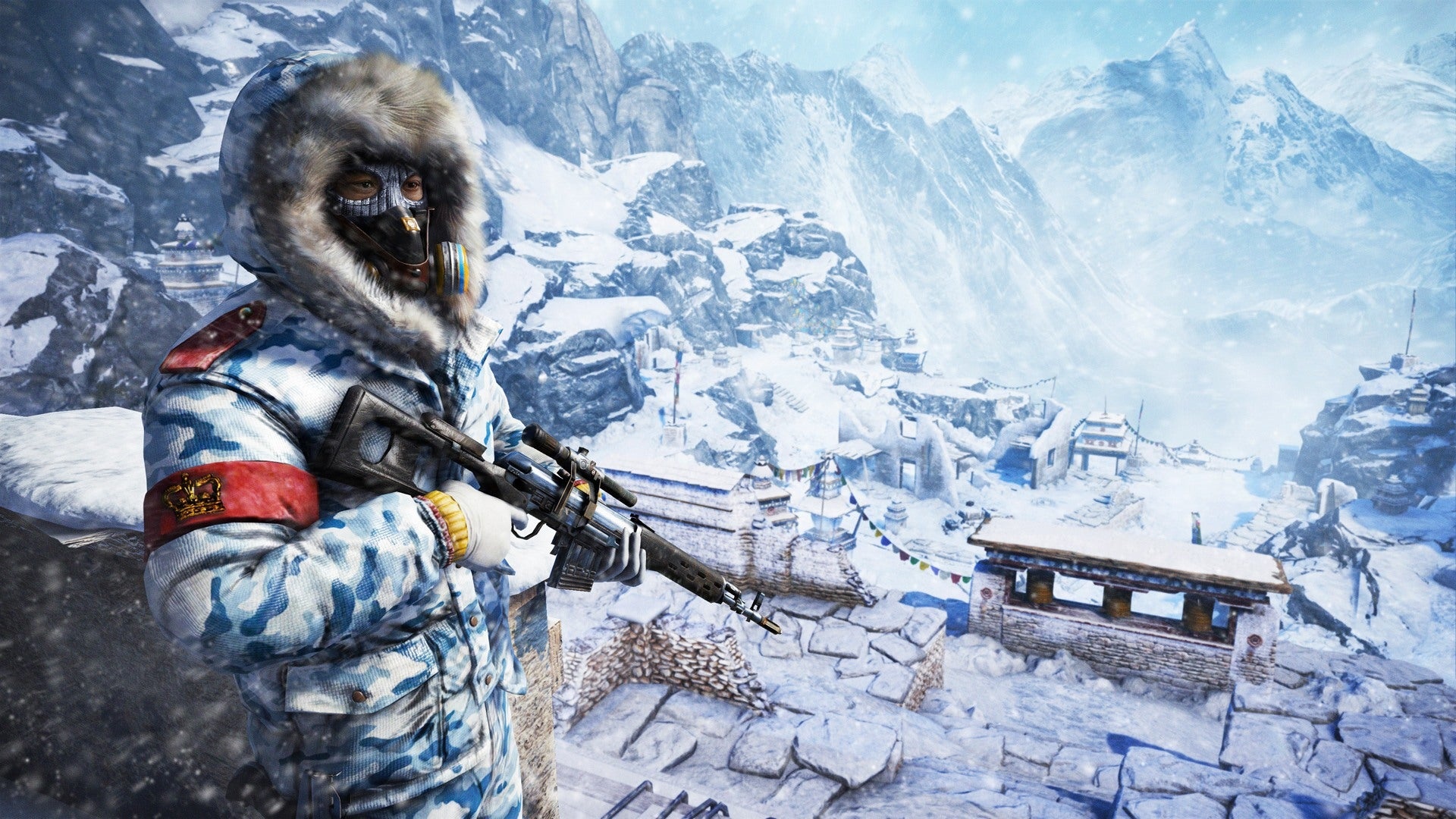 Far Cry 4 Royal Army soldier, SVD sniper rifle, Snowy Kyrat mountain outpost, Full HD Desktop wallpaper