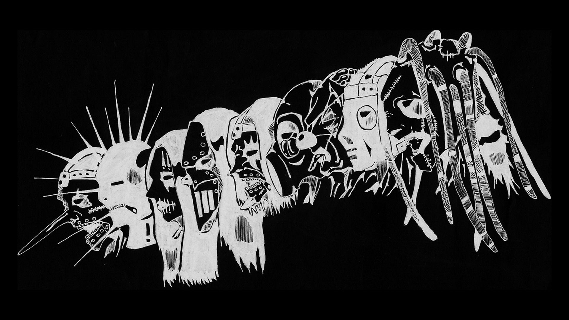 Slipknot band masks, Craig Jones spiked mask, Corey Taylor dreadlocks mask, black and white ink illustration, Full HD Desktop wallpaper