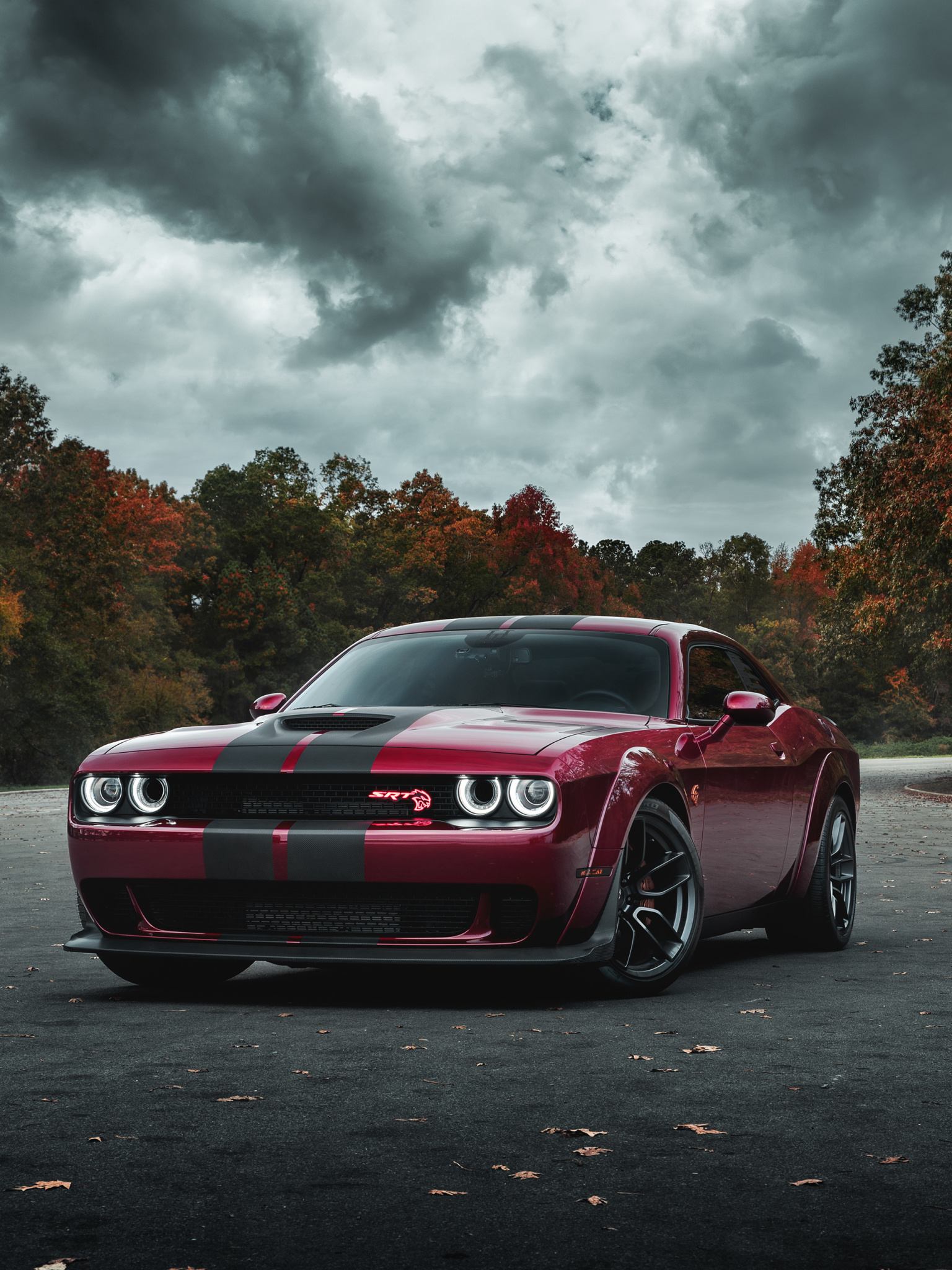 Dodge Challenger SRT Hellcat, autumn forest backdrop, stormy overcast sky, HD Phone wallpaper
