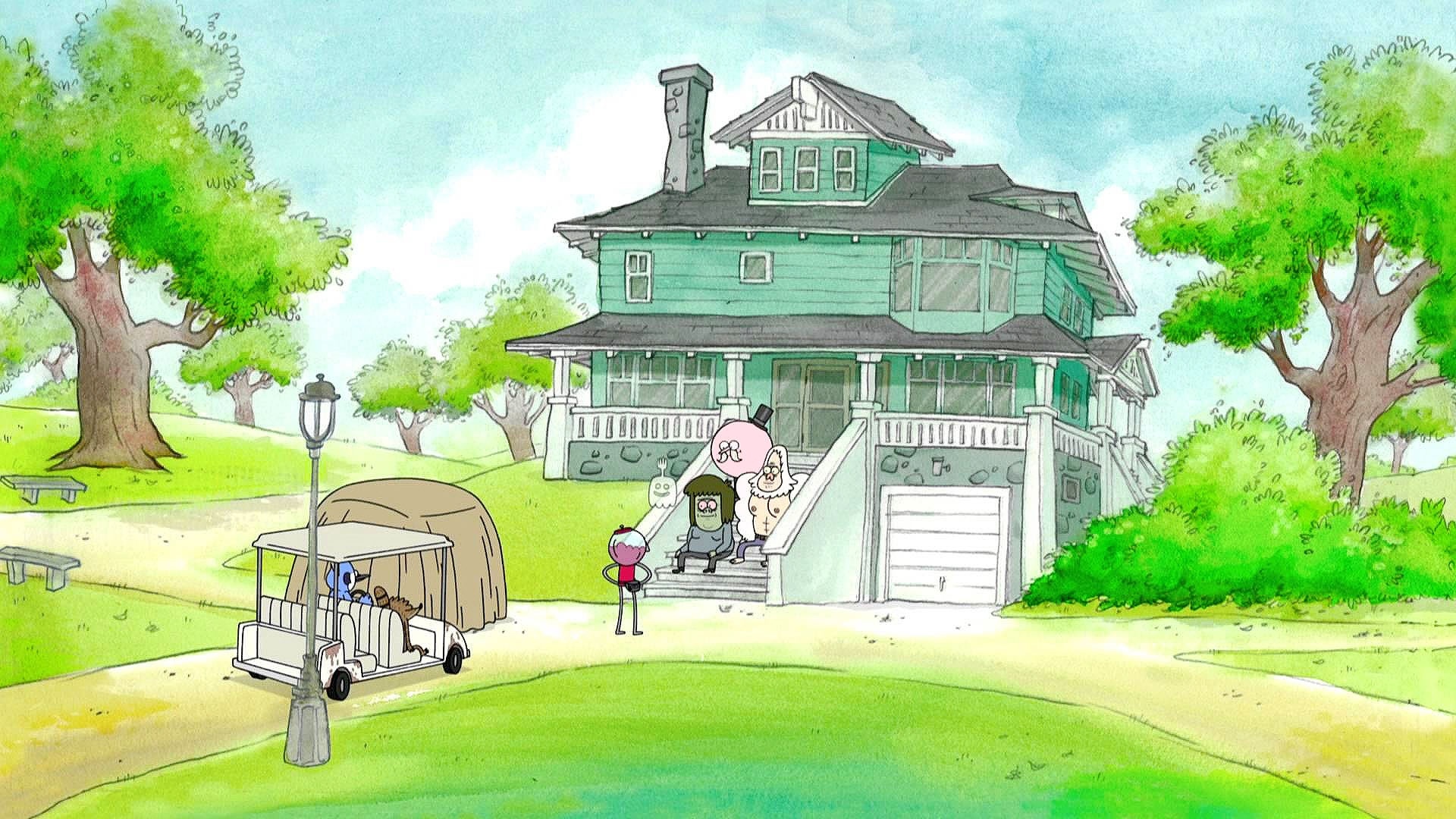 Green park house, Mordecai and Rigby in golf cart, Benson on the path, Pops in top hat on the steps, Regular Show, Full HD Desktop wallpaper