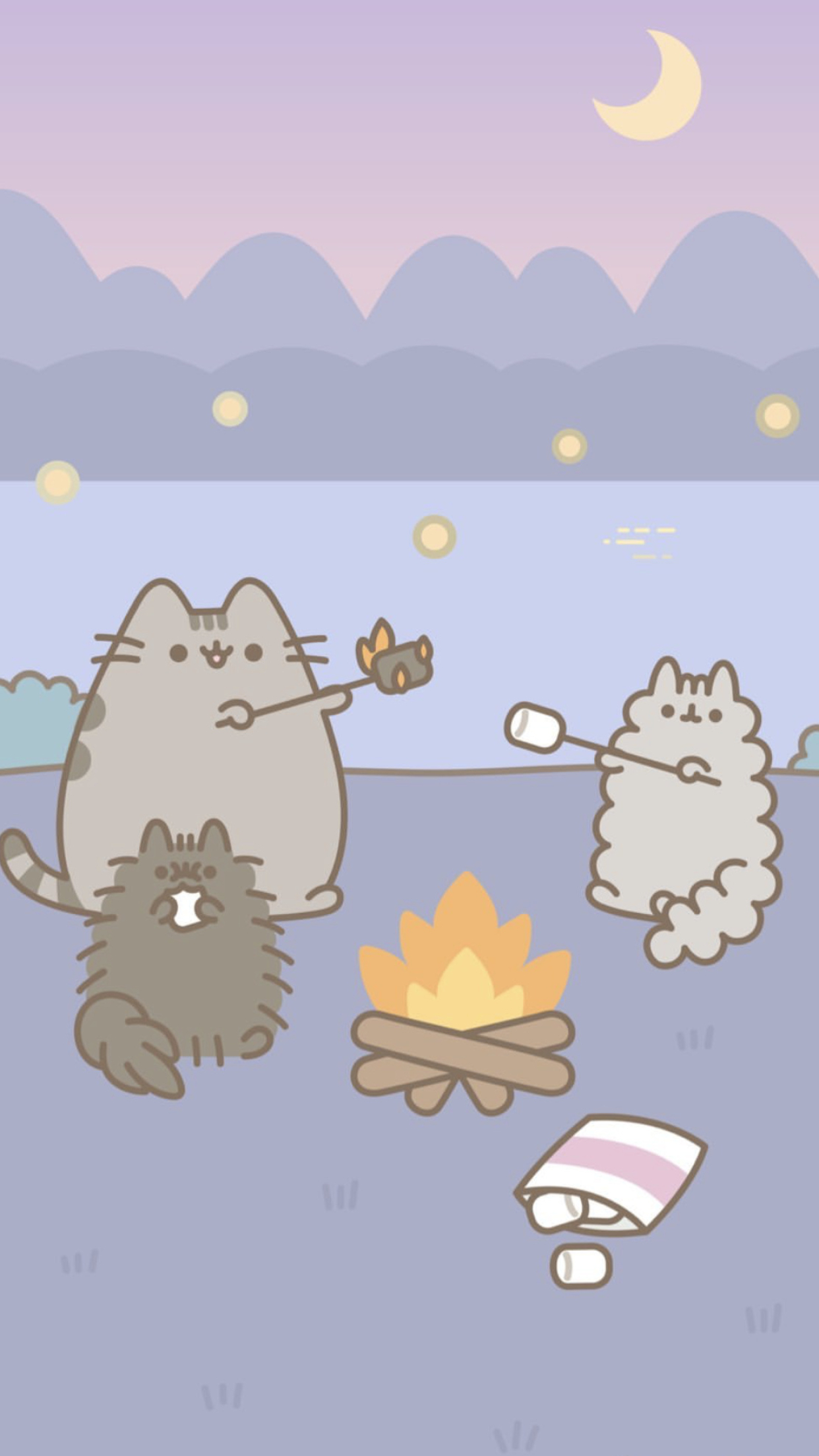 Pusheen roasting marshmallow, Pip and Stormy, Campfire with marshmallows, Pastel crescent moon sky, HD Phone wallpaper