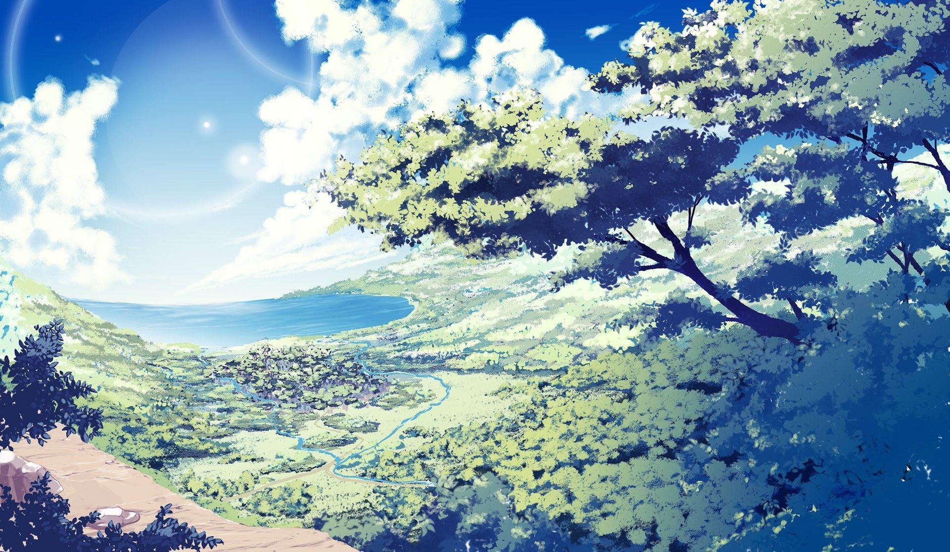 anime coastal valley town, lush green forested cliffside, bright sky cumulus clouds, HD Desktop wallpaper