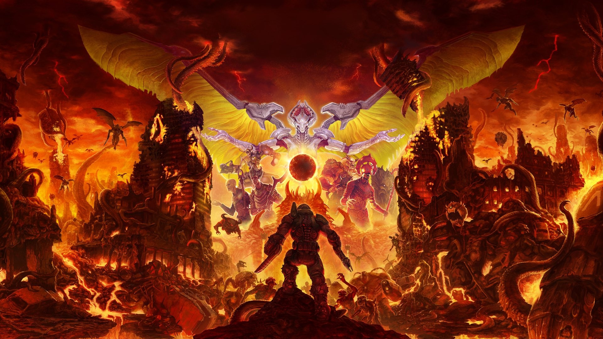 Doom Slayer, Khan Maykr, Hell on Earth cityscape, Demonic horde army, Full HD Desktop wallpaper
