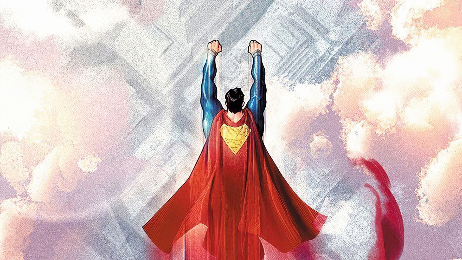 Superman, Yellow Superman S-shield, Pastel sky and clouds, Full HD Desktop wallpaper