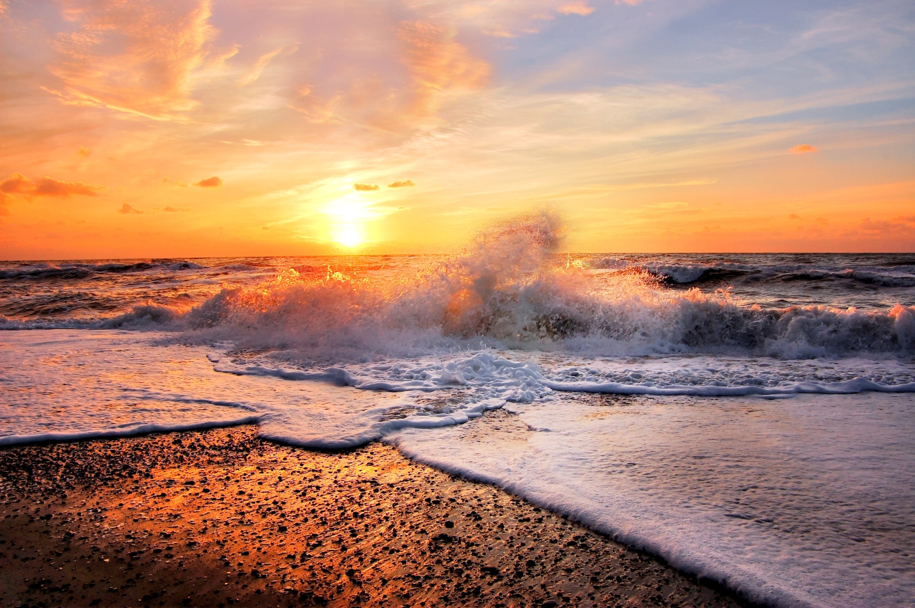 Crashing ocean wave, Golden sunset sky, Foamy pebble shoreline, HD Desktop wallpaper