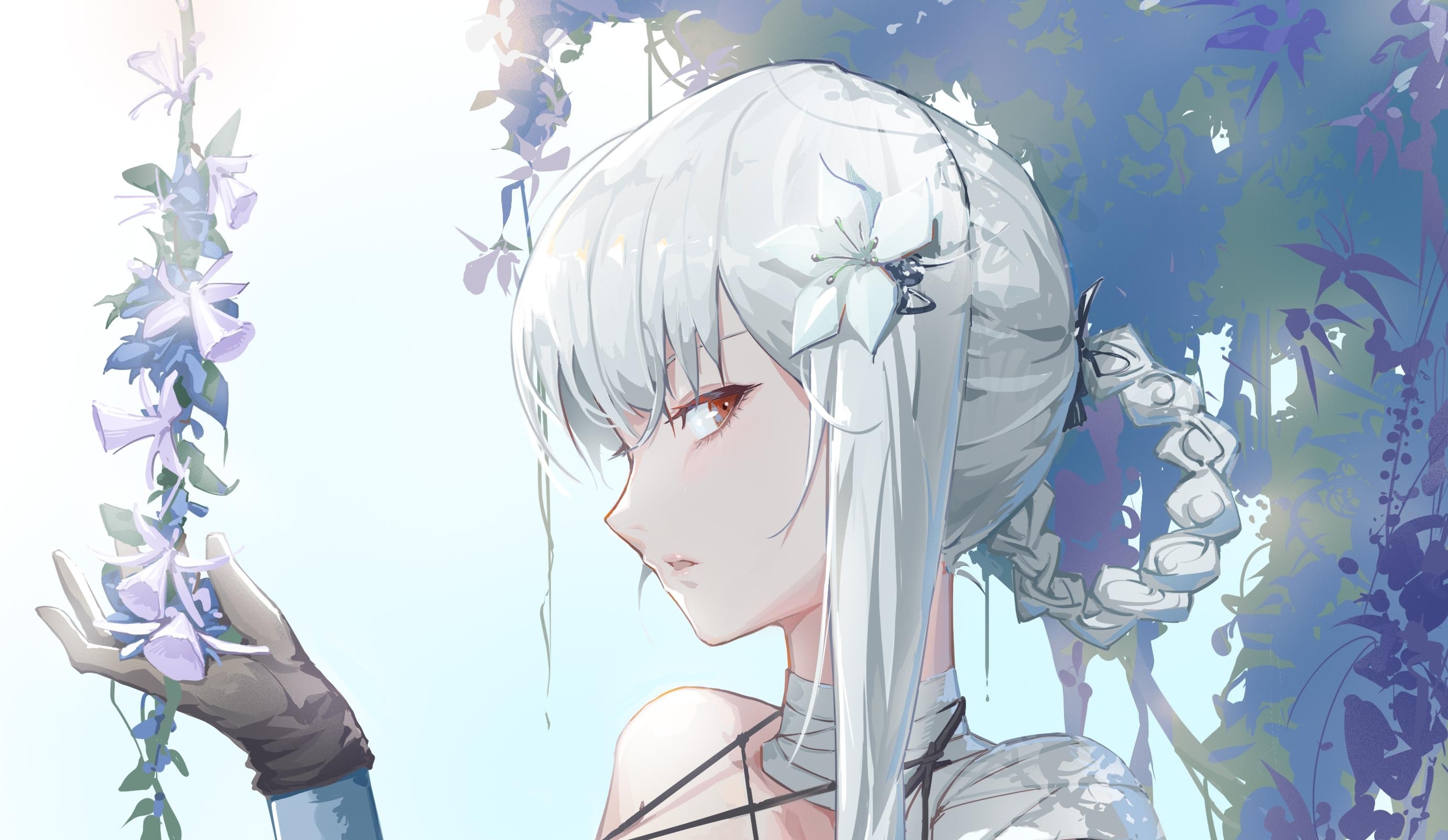 Kainé from NieR Replicant, Lunar Tear hair ornament, Hanging purple bellflowers, HD Desktop wallpaper