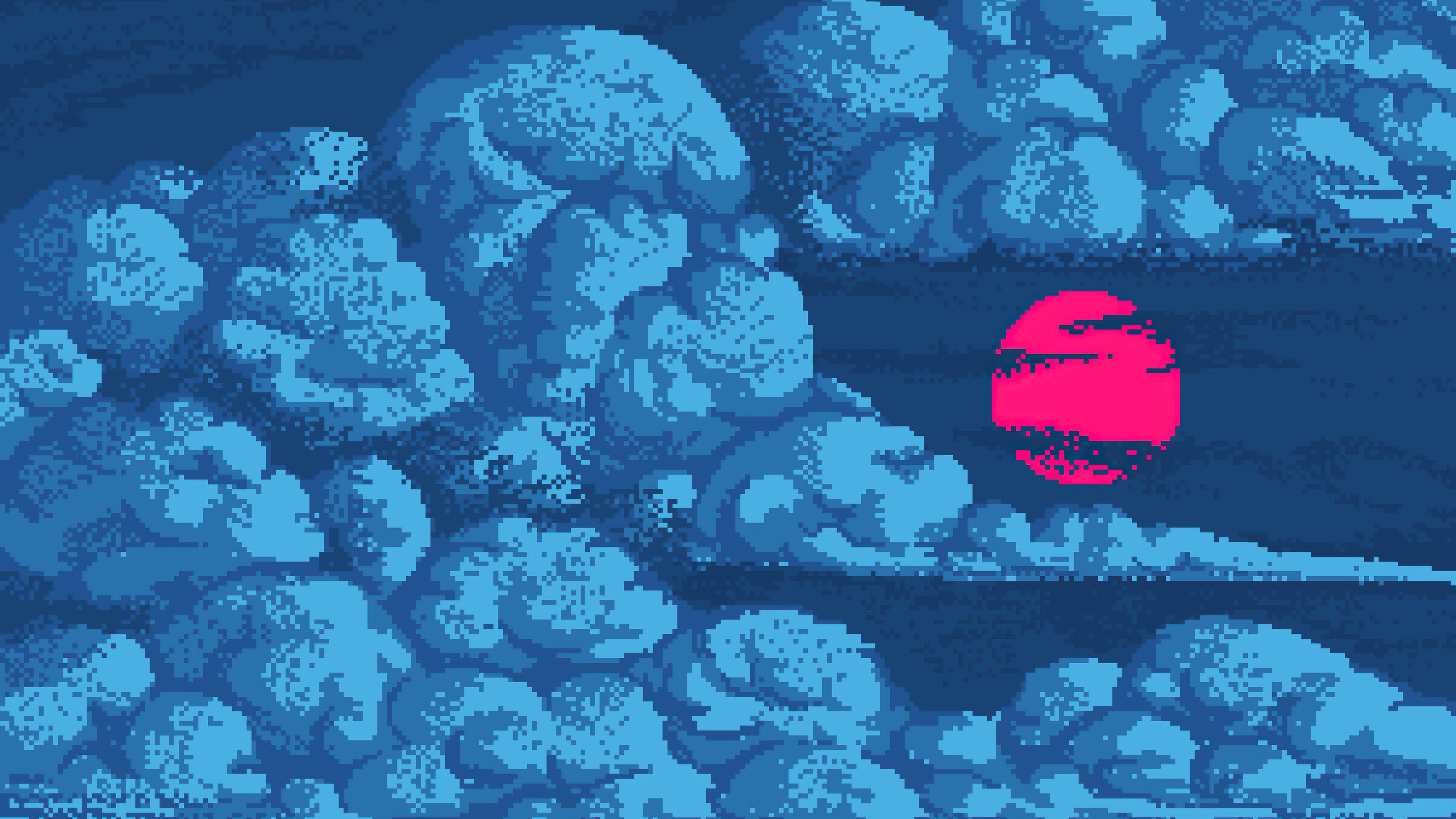 magenta pixel art sun, blue pixel art clouds, dark blue dithered sky, 4K Desktop wallpaper