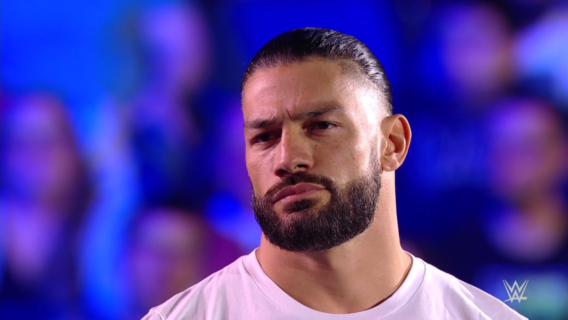 Roman Reigns, WWE logo, blue arena lighting, Full HD Desktop wallpaper