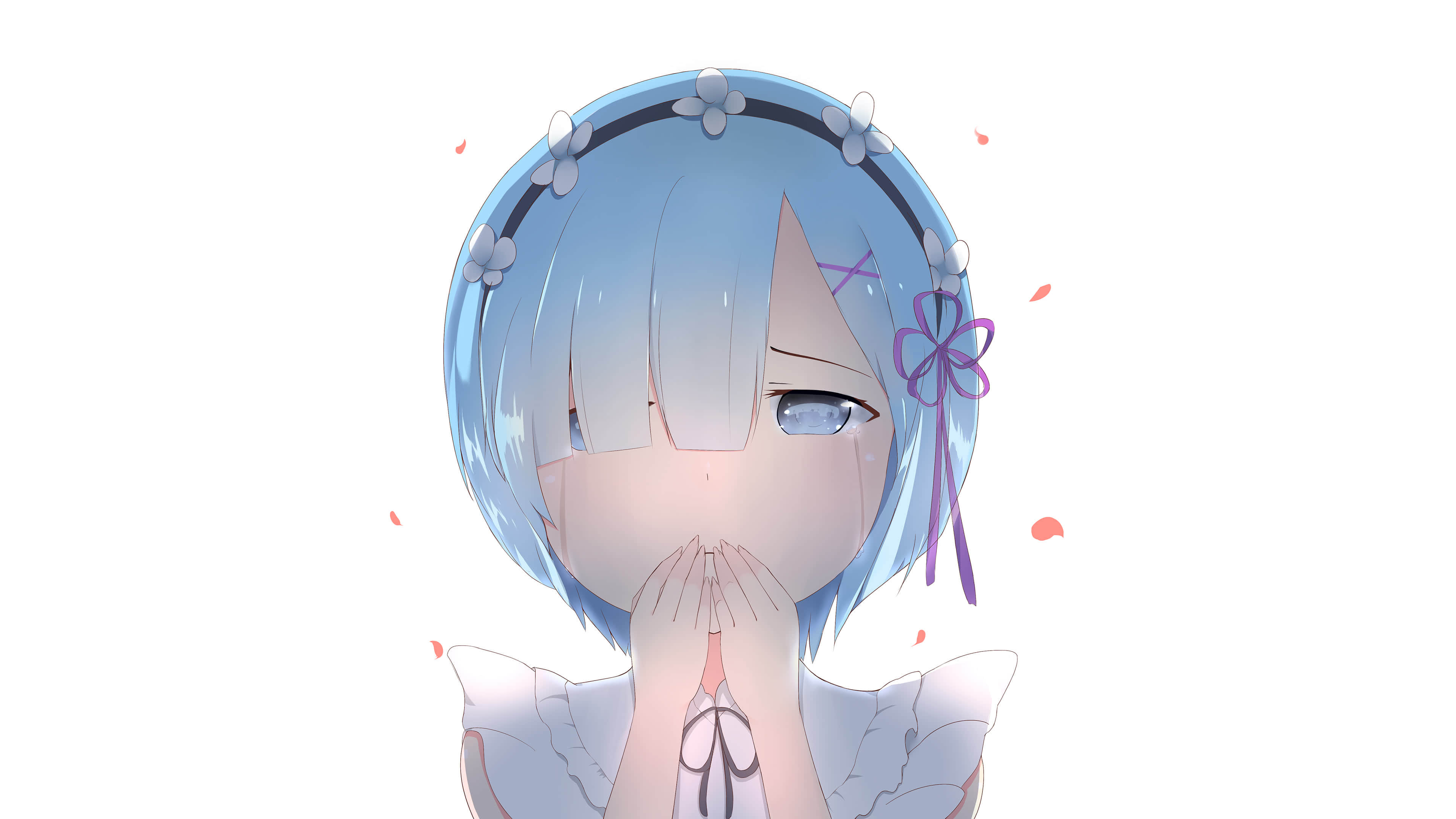 Rem from Re:Zero, Crying expression with tears, Falling flower petals, 4K Desktop wallpaper