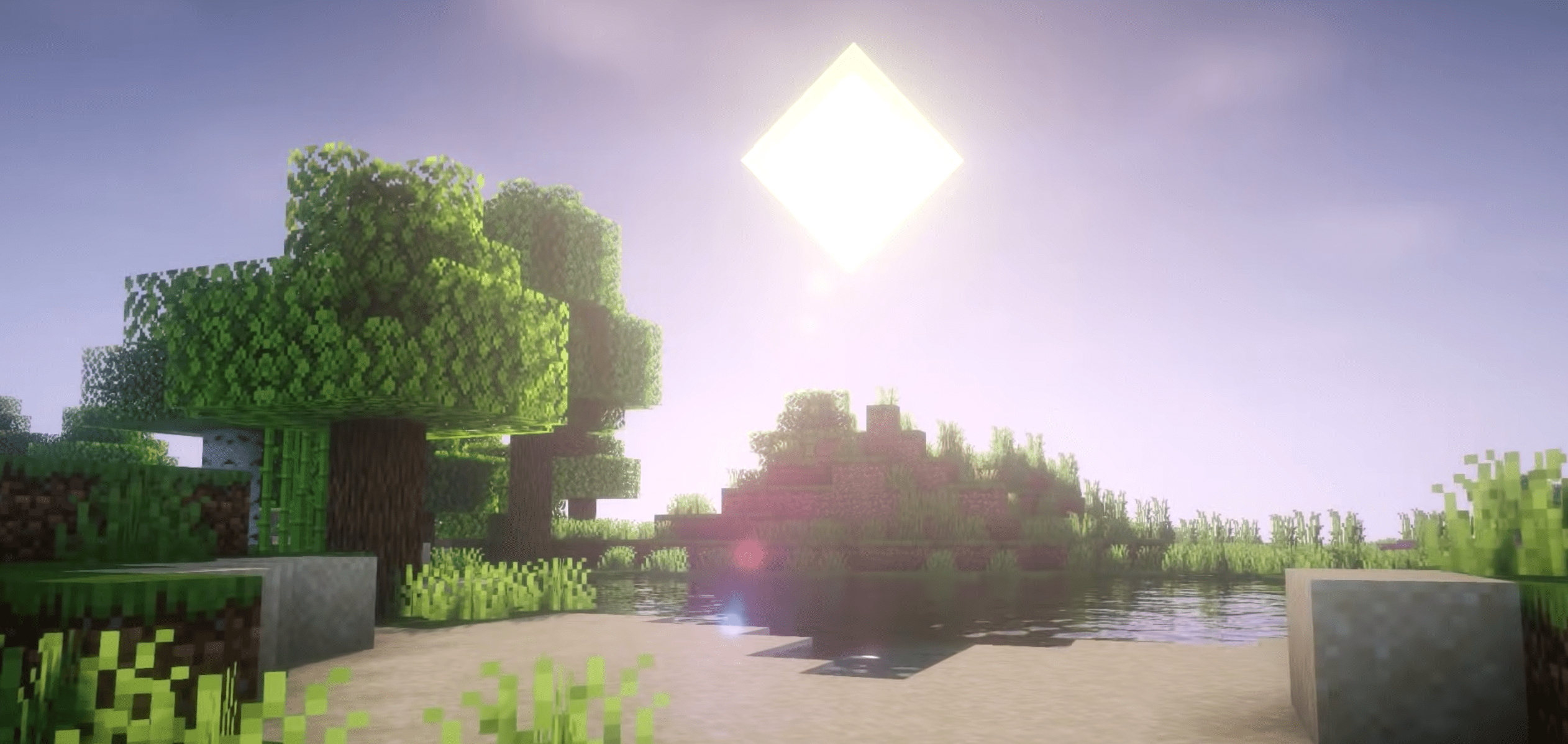 Minecraft shaders, square Minecraft sun, blocky lakeside trees, Dual Screen Desktop wallpaper