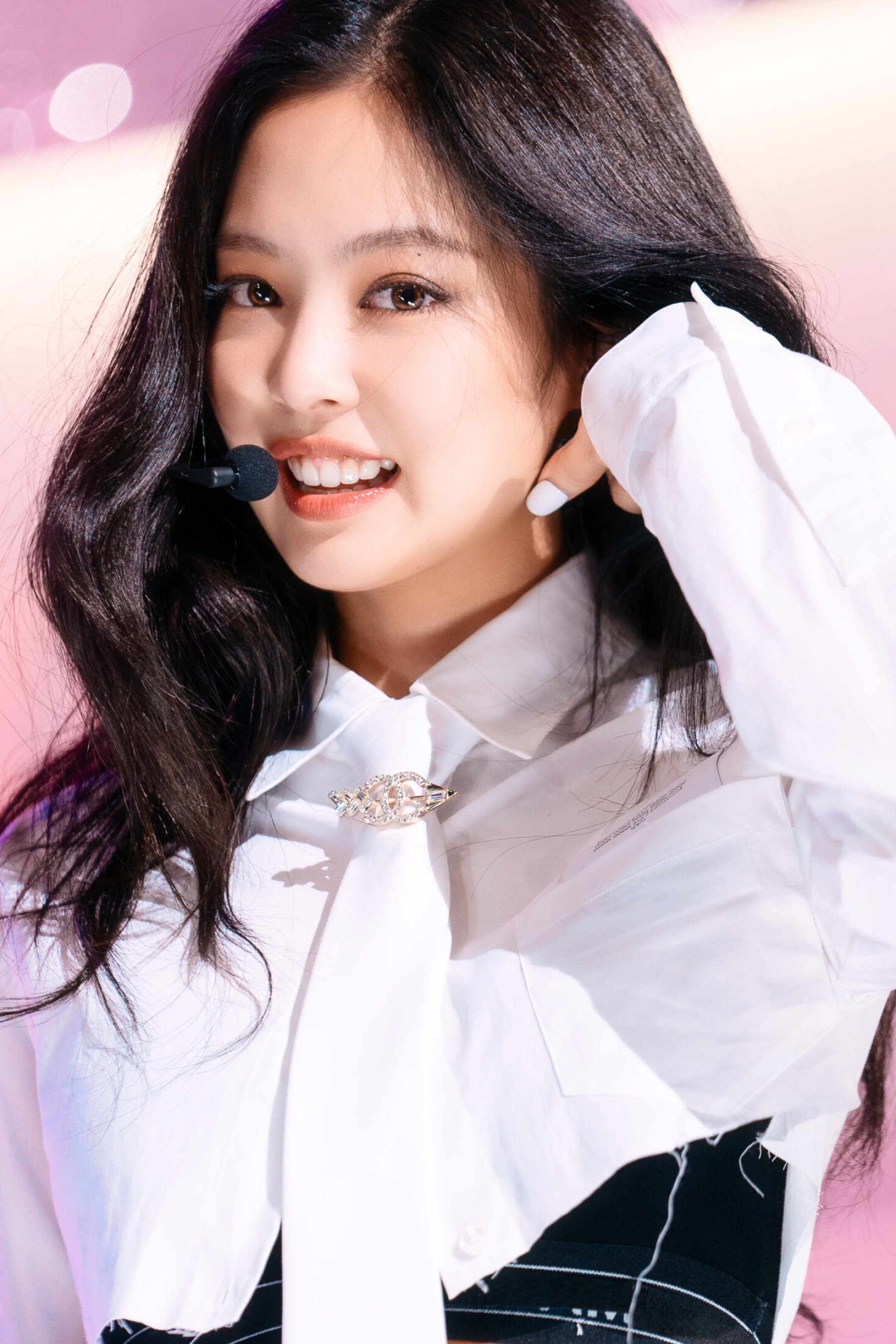 Kim Jennie, headset microphone, white collared shirt, HD Phone wallpaper