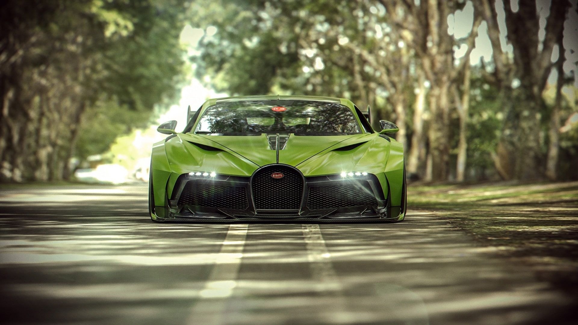 custom Bugatti supercar, tree-lined road, dappled sunlight, Full HD Desktop wallpaper