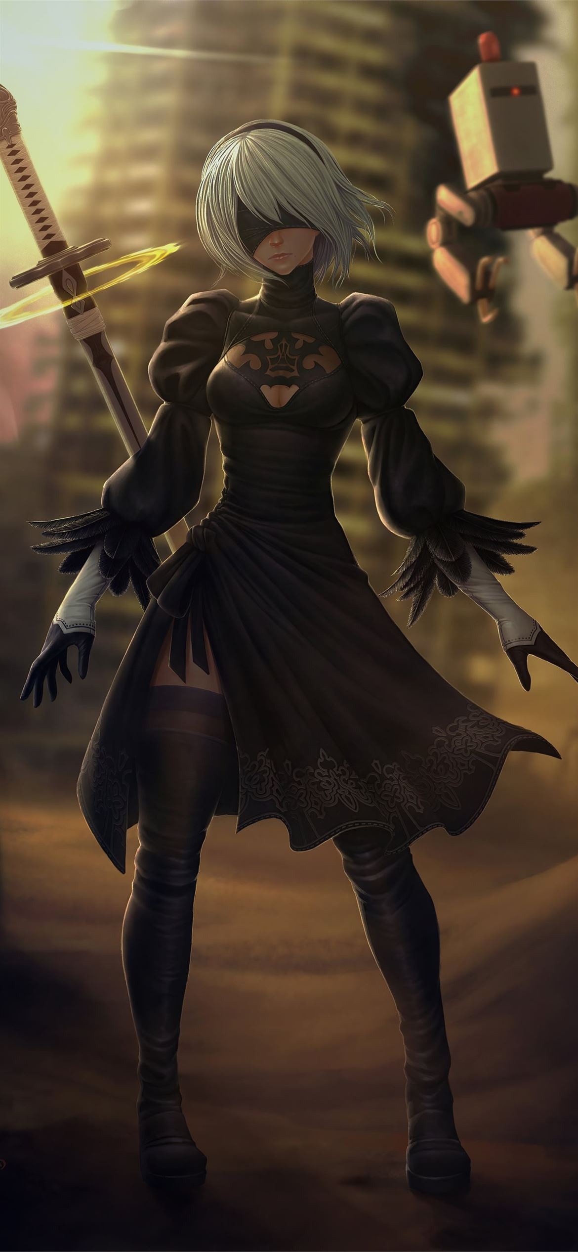 2B NieR Automata, Pod 042 tactical support, Virtuous Contract katana, HD Phone wallpaper