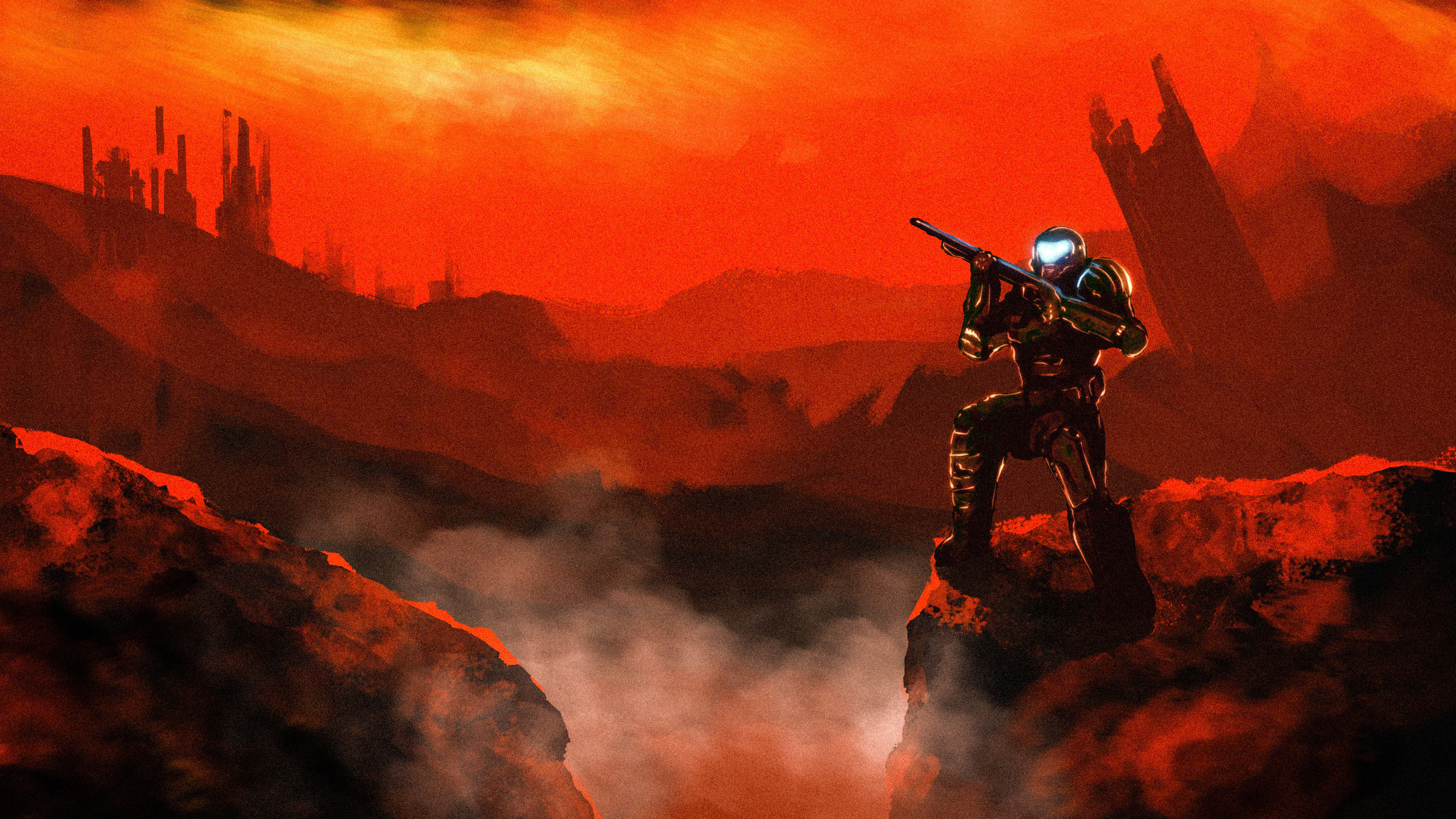 Doom Slayer, combat shotgun, fiery apocalyptic wasteland, HD Desktop wallpaper