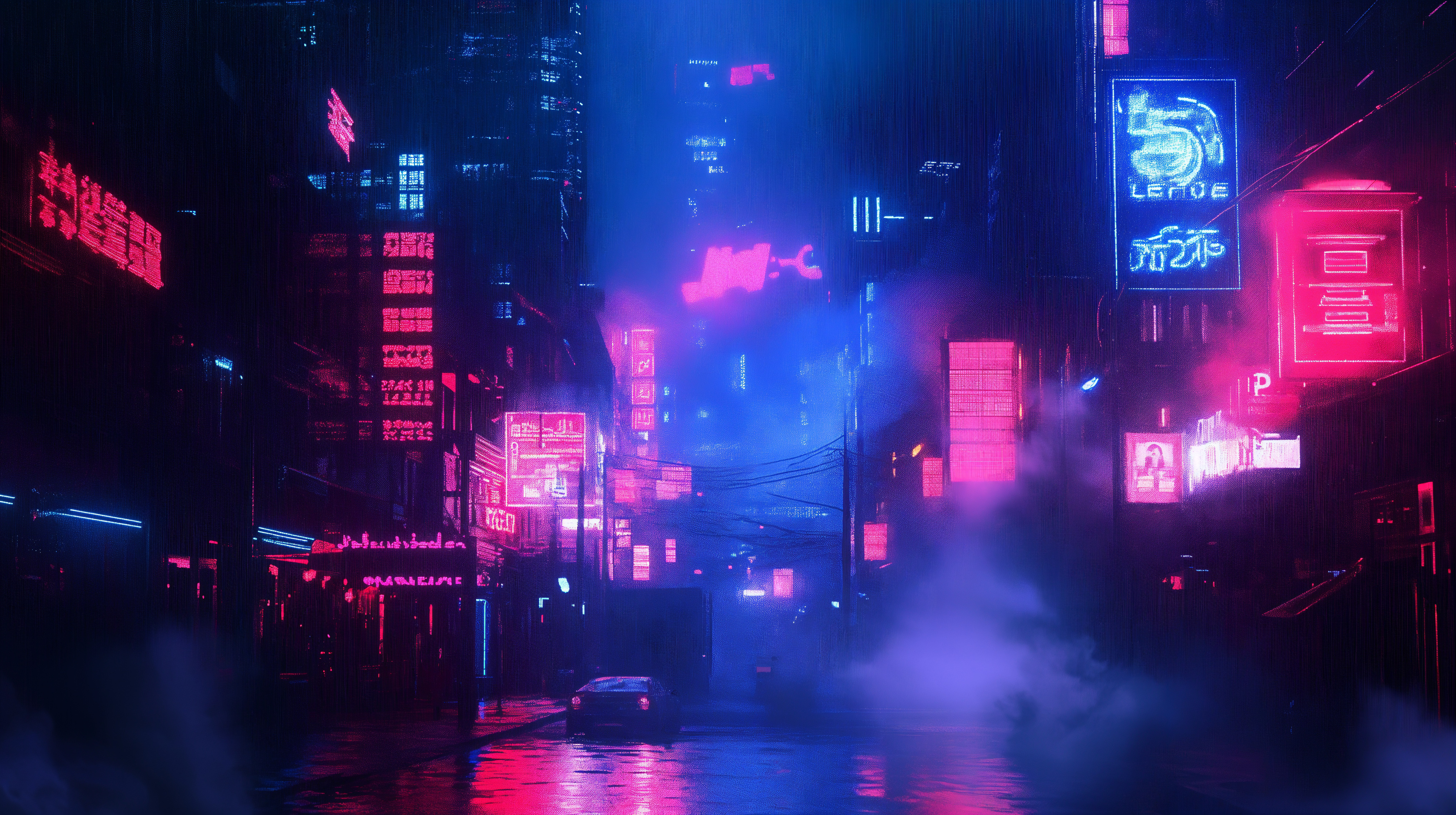 Neon alley, Tokyo night street, Magenta and blue signage, Rain mist, Wet asphalt reflections, 4K Desktop wallpaper